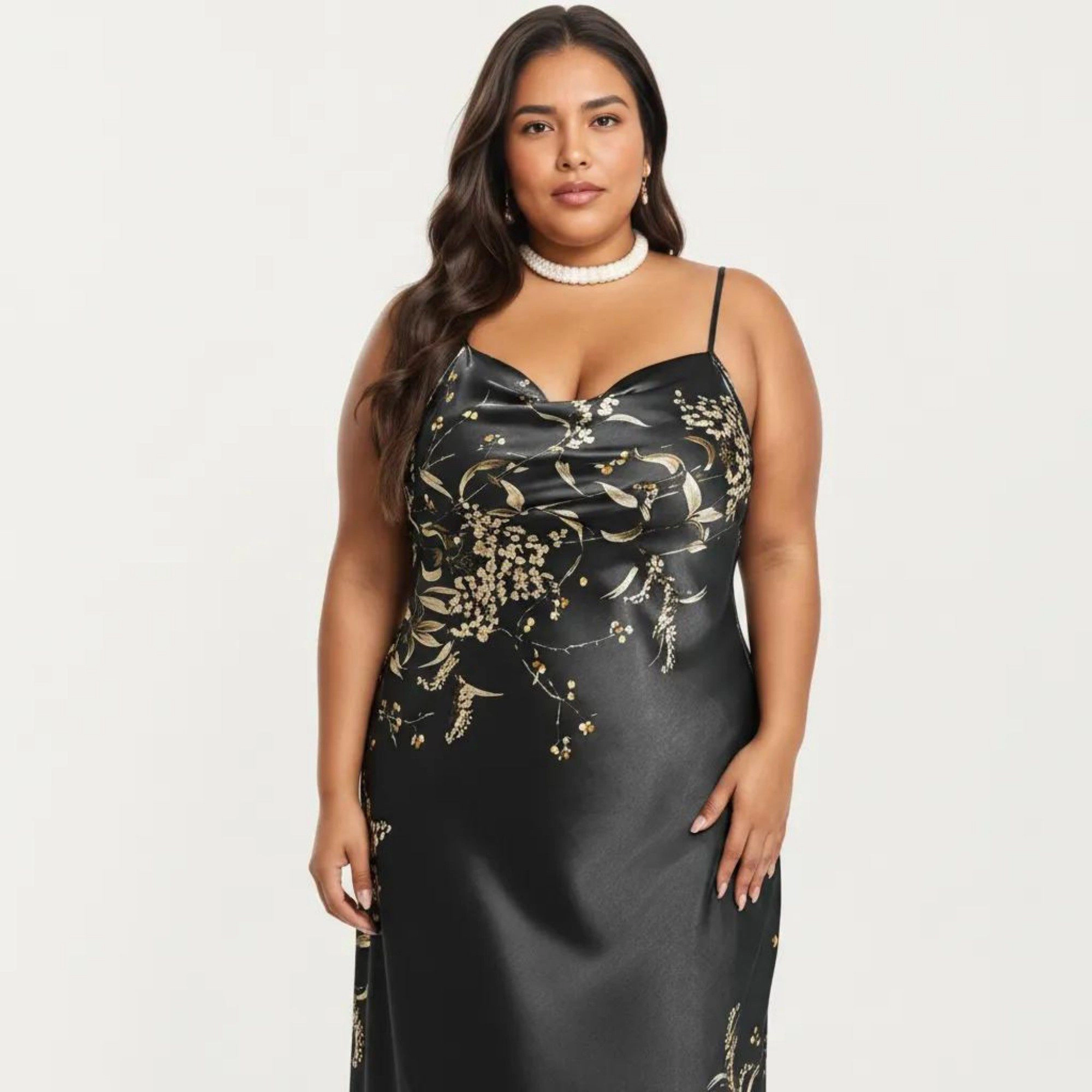 Anna-Kaci Women's Plus Satin Floral Slip Nightgown Adjustable Spaghetti Straps Cowl Neck Midi Length Dress