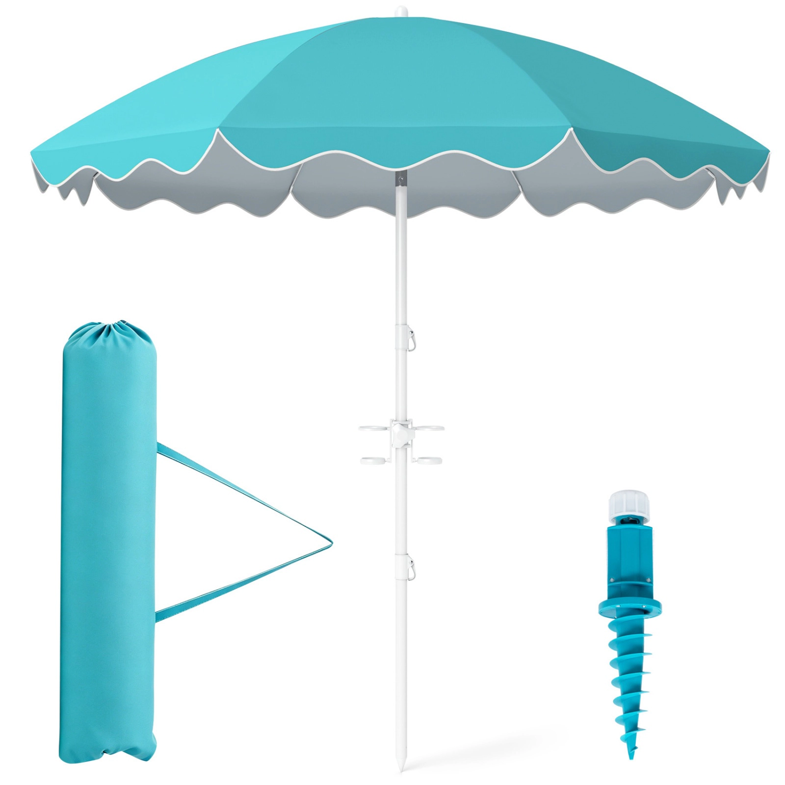 SUGIFT UPF 50+ Beach Umbrella with Sand Anchor and Tilt 6.5-ft Canopy with Cup Holders Turquoise Stripe