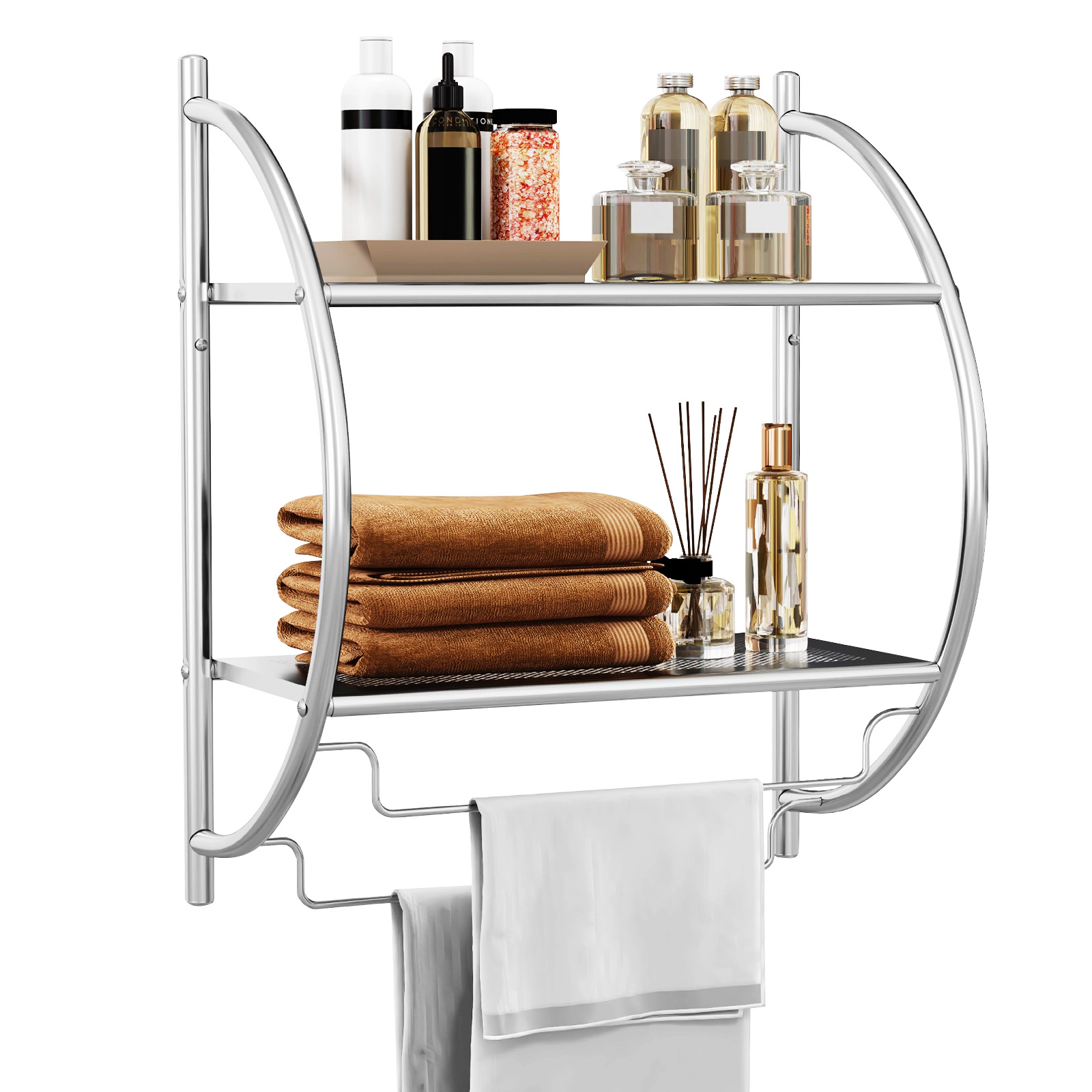 SUGIFT Wall Mounted 2-Tier Bathroom Towel Rack 2 Mesh Shelves 2 Towel Bars Rustproof Metal 18 x 10 x 22-in Silver