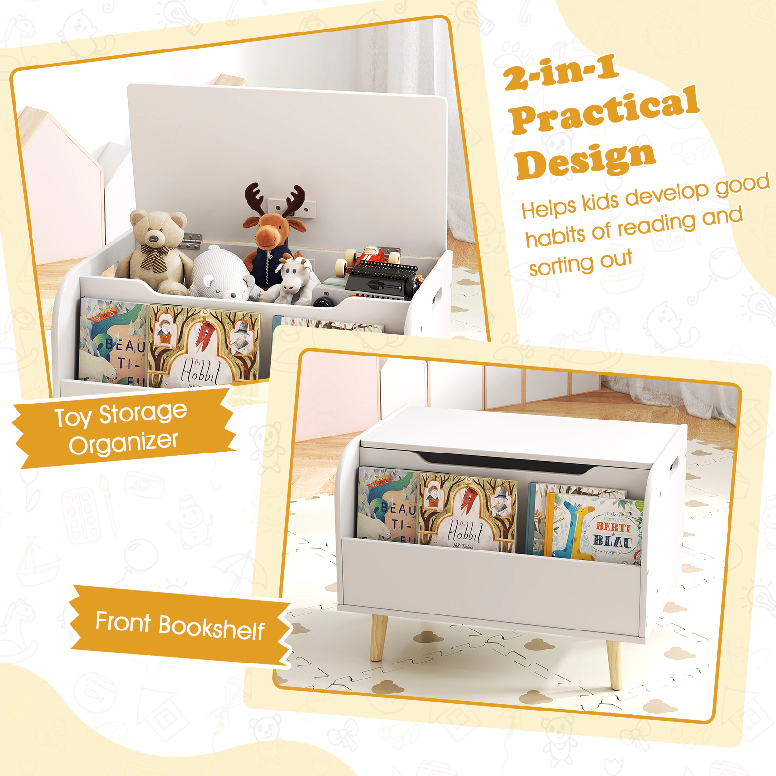 SUGIFT 23.5-in Kids Wooden Toy Box and Storage Chest with Front Bookshelf 4 Pine Wood Legs and Safety Hinge