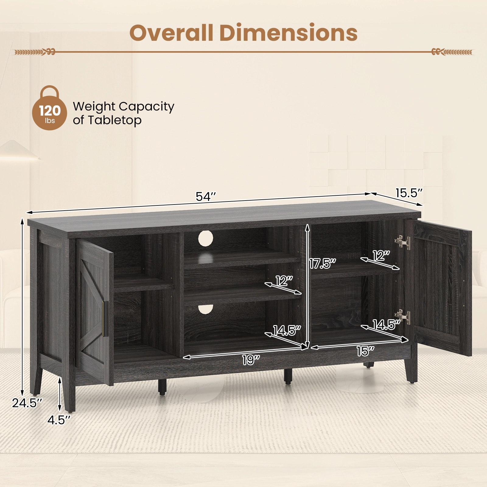 Glintex 54-Inch Farmhouse TV Stand with Barn Doors and 7-Position Shelves, Gray