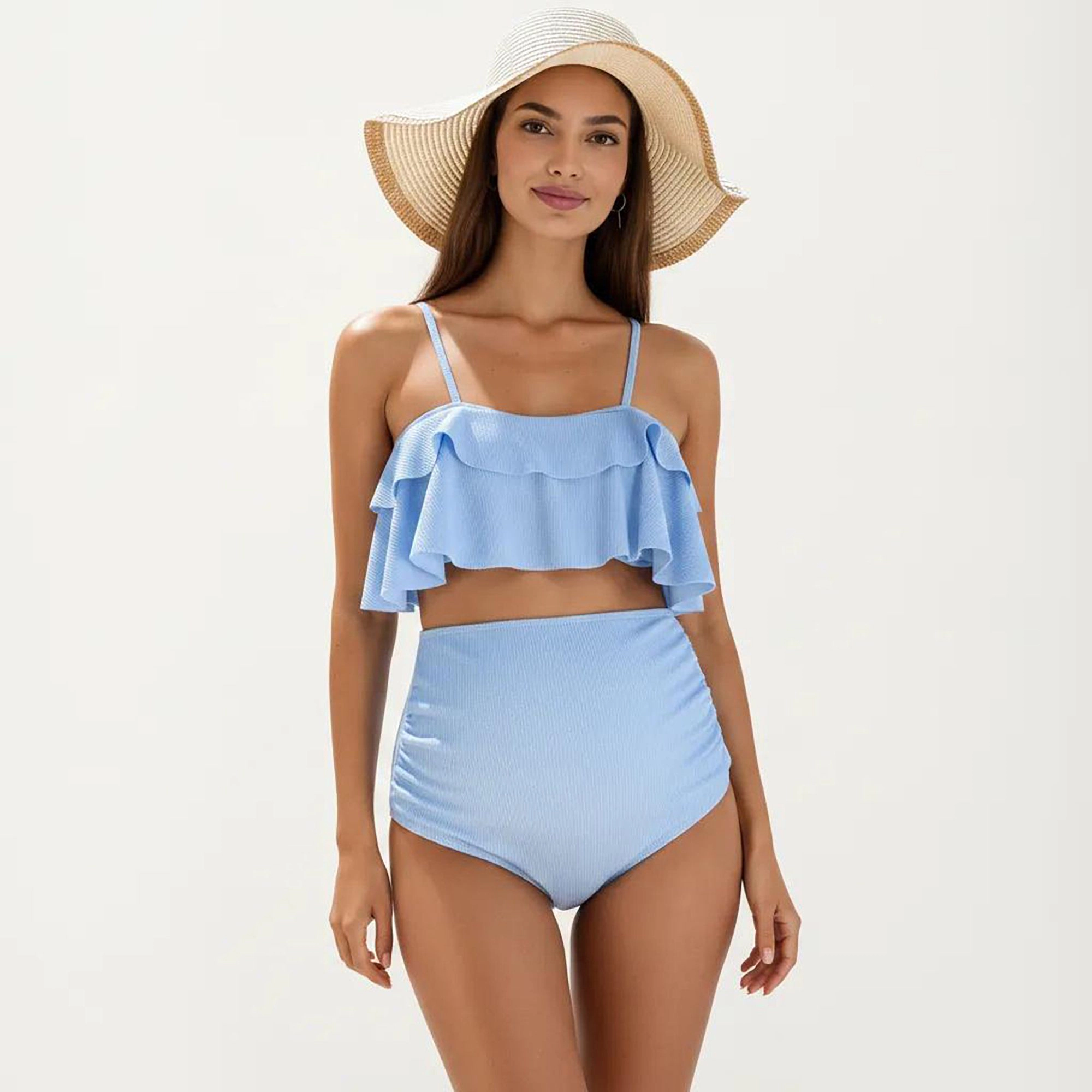 Anna-Kaci Women Ribbed Maternity Two-Piece Bikini Set Ruffle Top High-Waisted Bottom