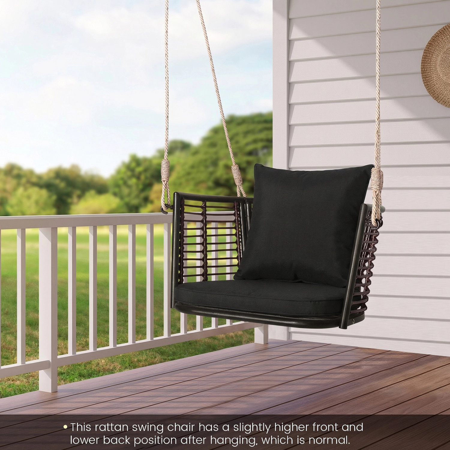 LJG Single Person Hanging Seat with Woven Rattan Backrest for Backyard