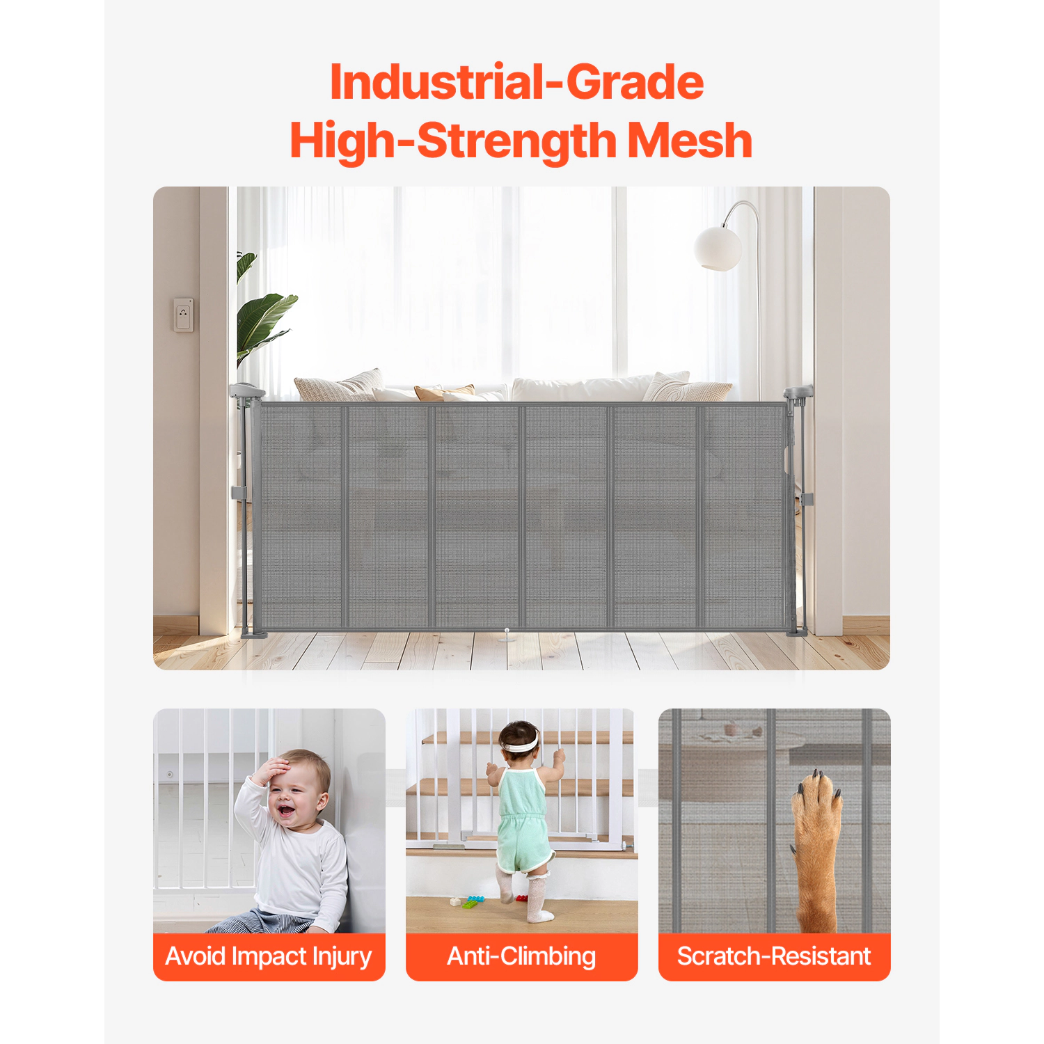 HONGGE Retractable Mesh Gate, 34 In Tall, Extends to 71 In Wide, Fiberglass Frame for Stairs and Doorways, Gray