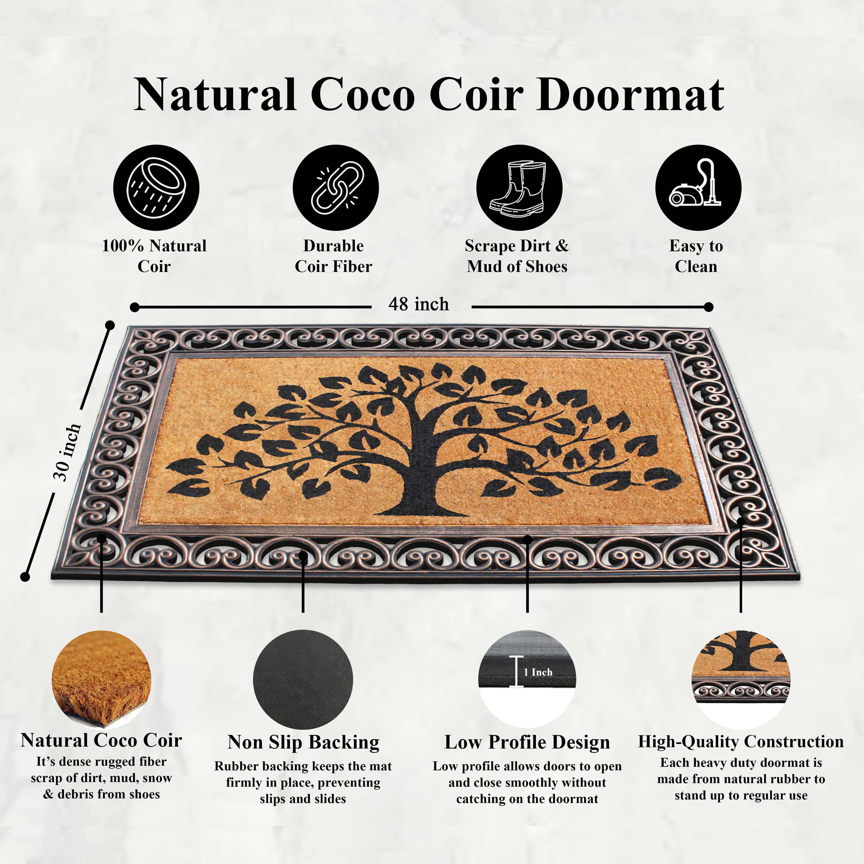 A1HC Coir and Rubber Door Mat 30x48 Inches Anti-Shed Fade-Resistant Heavy Duty Welcome Tree Bronze