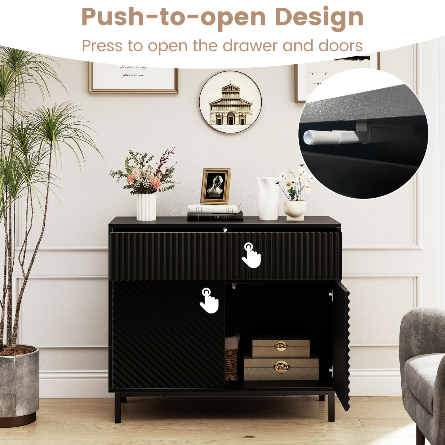 Glintex 32-Inch Fluted Buffet Cabinet with Press-to-Open Doors and Drawer, Black