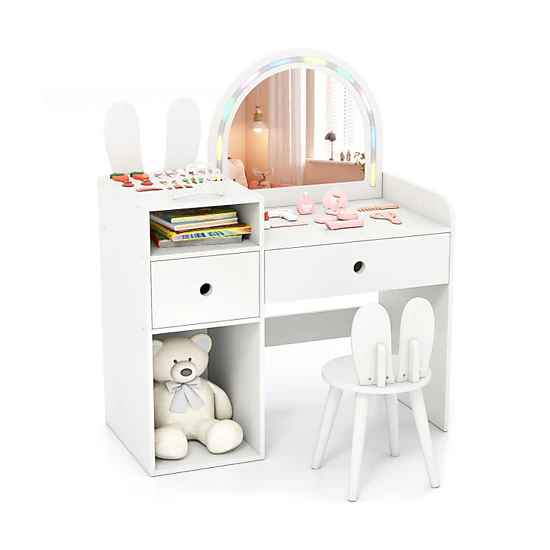 SUGIFT Kids Vanity Table and Stool Set with Lighted Mirror and Open ...