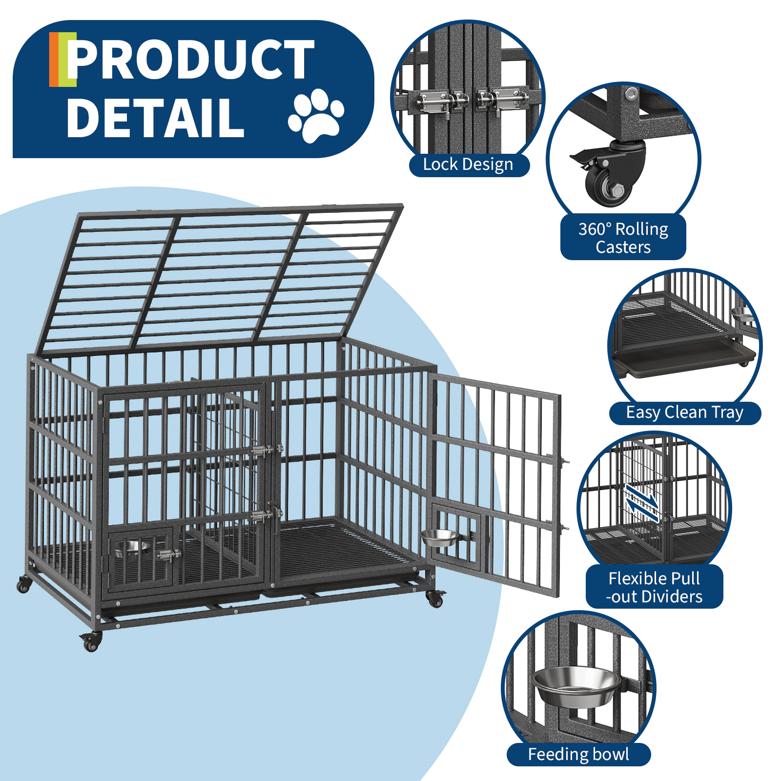 Heavy Duty Extra Large Metal Dog Crate with Roof Top, 2 Doors, Removable Tray & Wheels for High Anxiety Giant Breeds