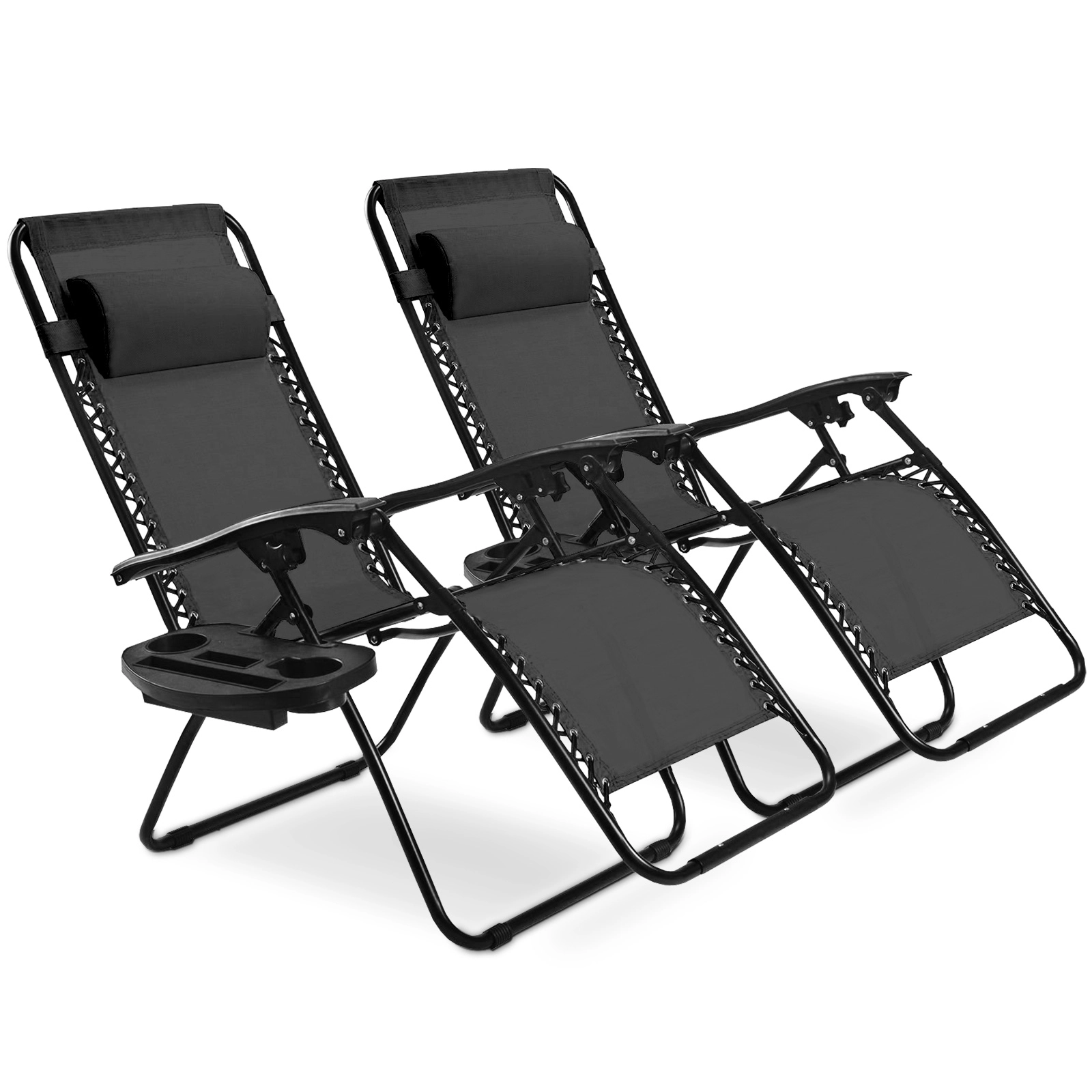 SUGIFT Set of 2 Zero Gravity Lounge Chairs Black Folding Recliners with Trays and Headrests