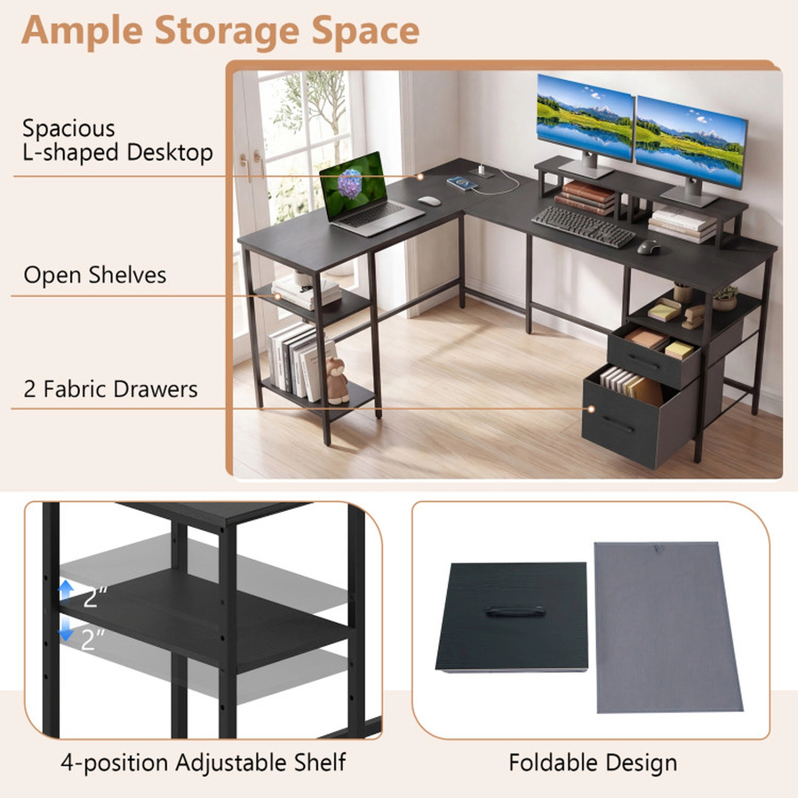SUGIFT L Shaped Computer Desk with Power Outlet and Reversible Monitor Stands 155-lb Tabletop Capacity Black