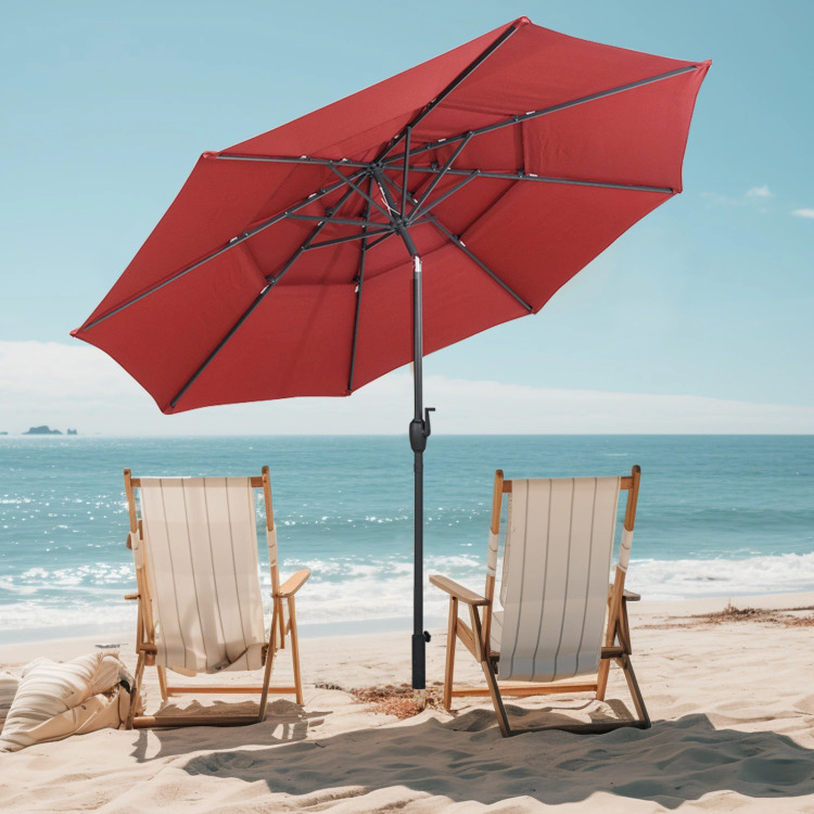 SUGIFT 10-ft Red Round Market Patio Umbrella with 3-Tier Vented Canopy Push Button Tilt and Crank Lift