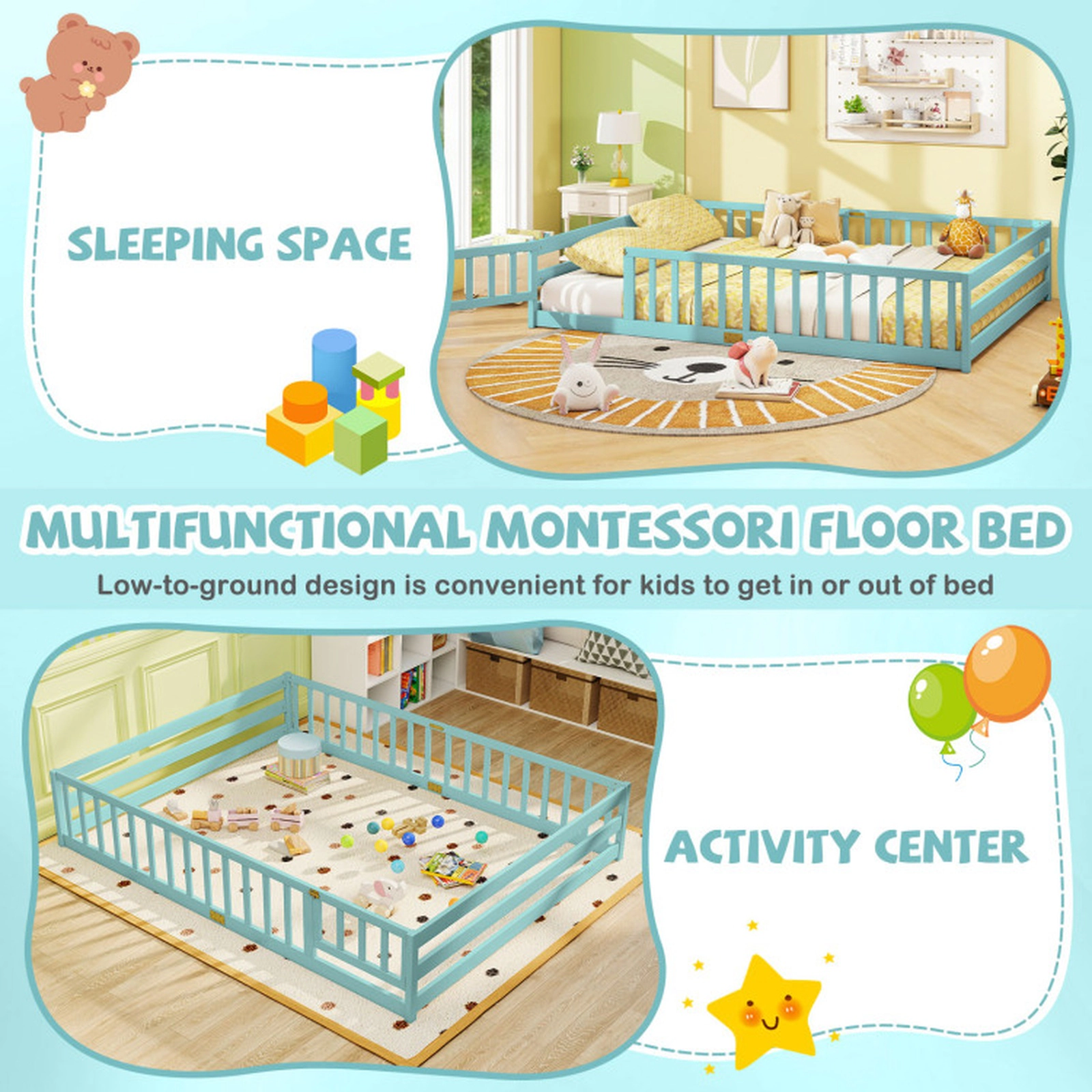 SUGIFT Turquoise Full-Length Guardrails and Lockable Door Queen Kids Montessori Floor Bed Frame