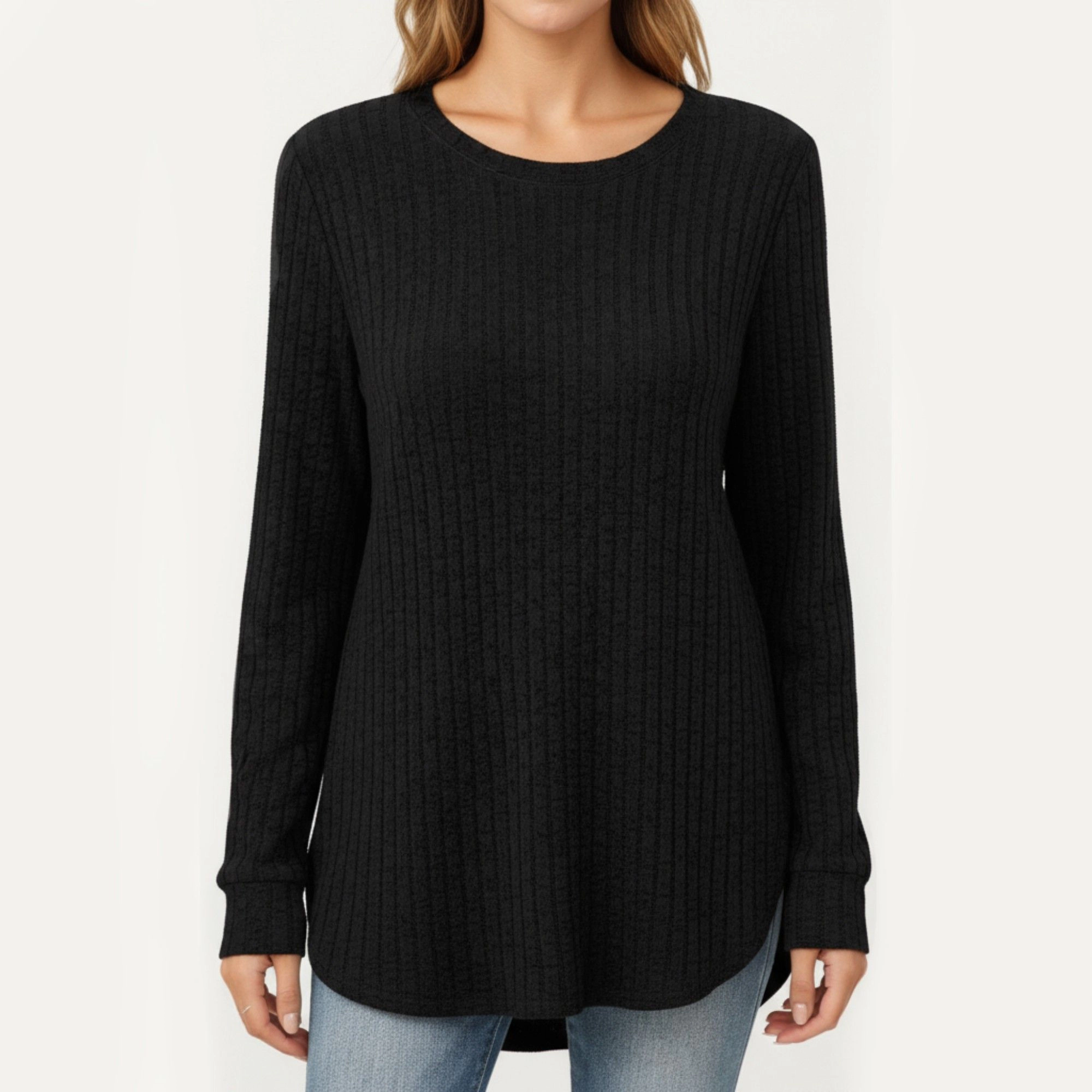 Anna-Kaci Women's Ribbed Rounded Hem Relaxed Fit Long Sleeve Knit Top