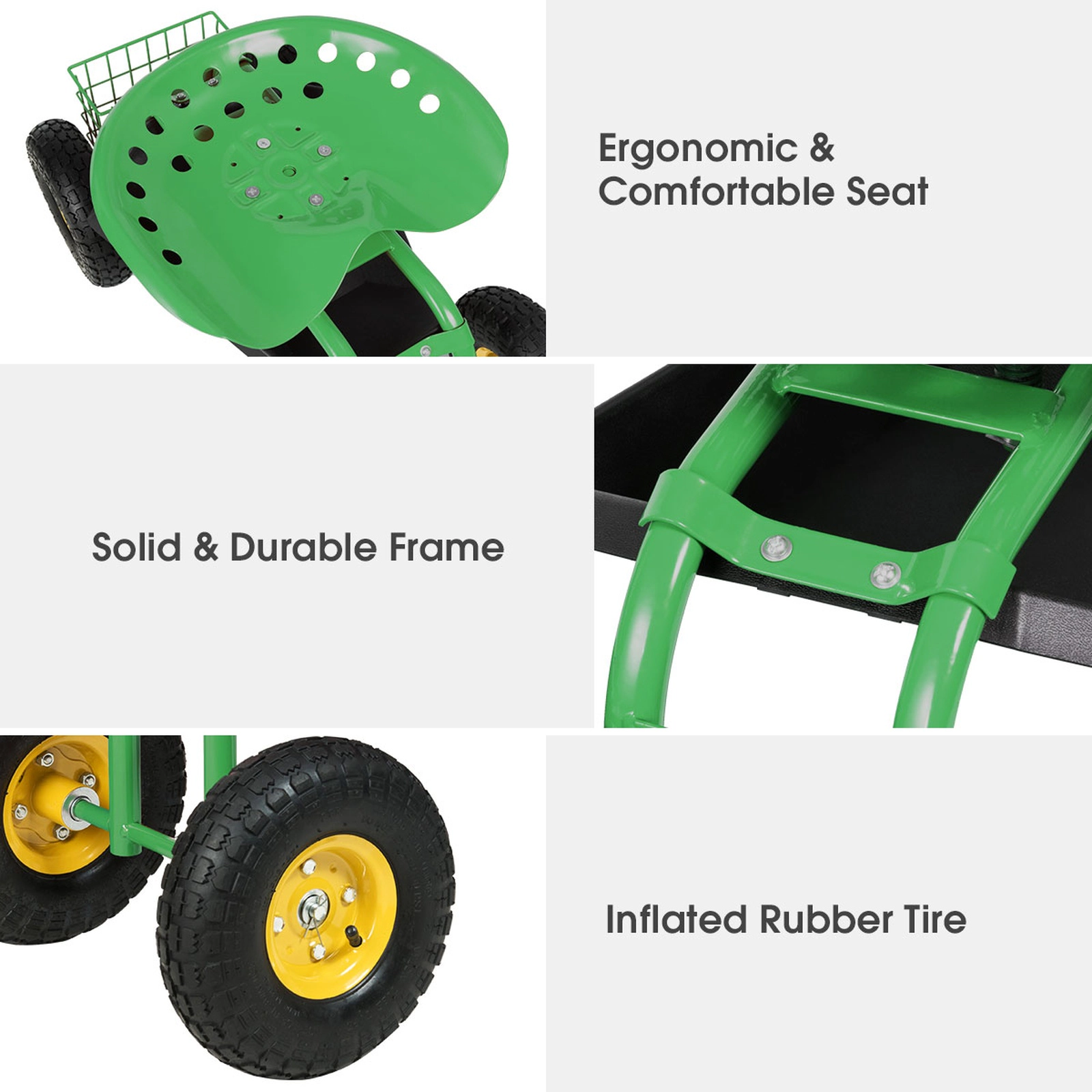 SUGIFT Height-Adjustable Rolling Garden Work Seat Cart with Tool Tray 330-lb Capacity Green