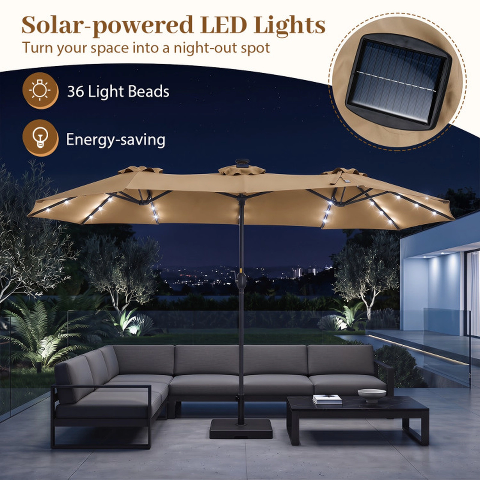 SUGIFT Solar-Powered LED Double-Sided Patio Market Umbrella 13-ft Canopy with 12 Metal Ribs and Crank Handle Tan
