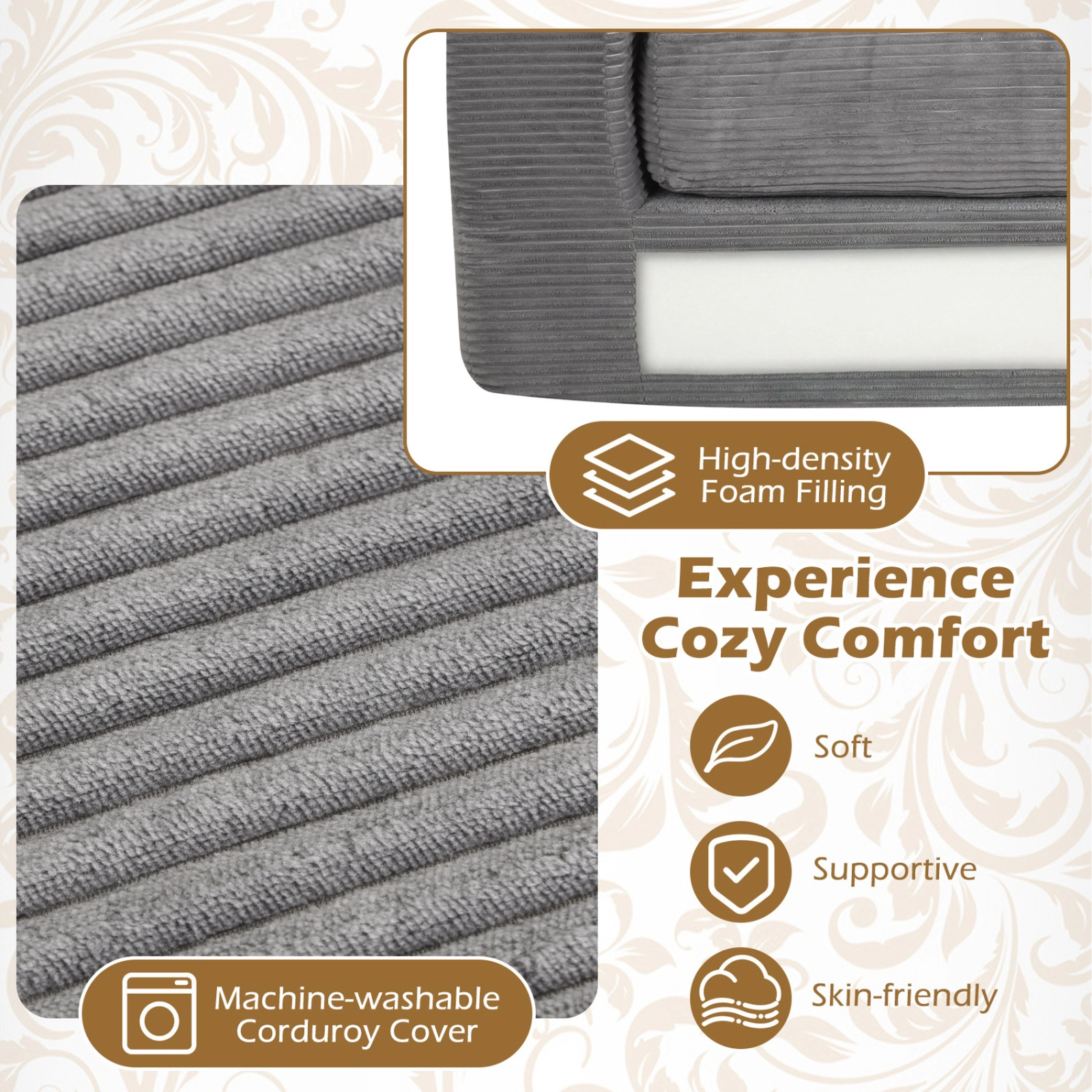 SUGIFT Gray Corduroy Floor Couch, 2-Seater Foam Loveseat, 660-lb Capacity