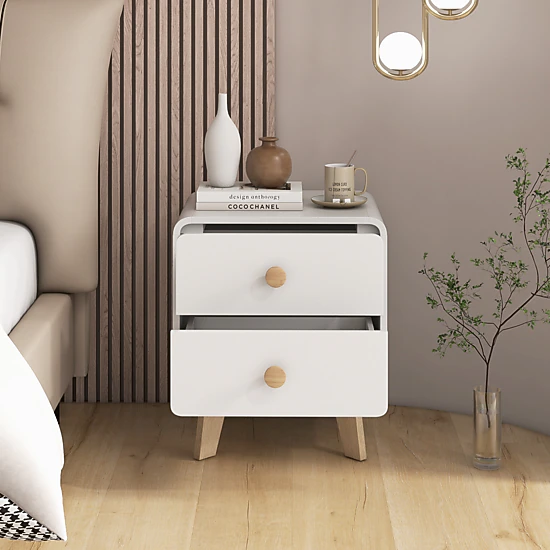 Glintex Mid-Century 2-Drawer Nightstand with Rugged Rubber Wood Legs and 110-Lb Top