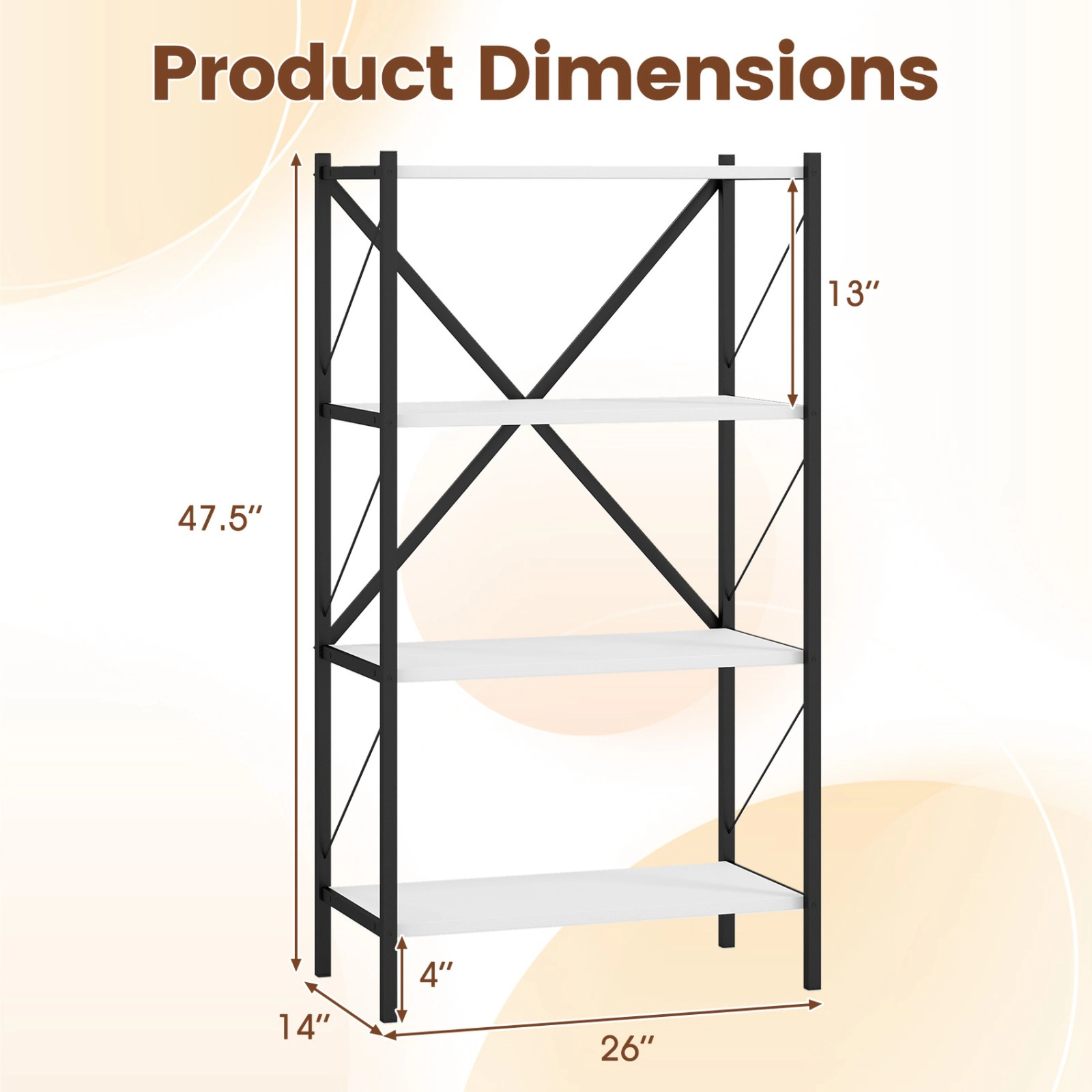 SUGIFT White 4-Tier Bookshelf with Heavy-Duty Metal Frame and 13 in Shelf Spacing