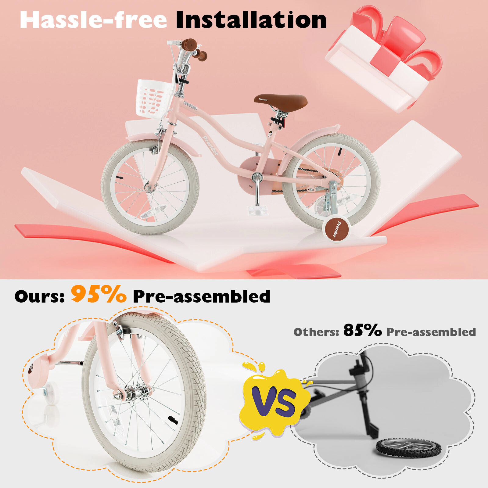 SUGIFT 16-In Kids Bike with Front Handbrake Coaster Brake Training Wheels 99-lb Seat Capacity Ages 4-7 Pink