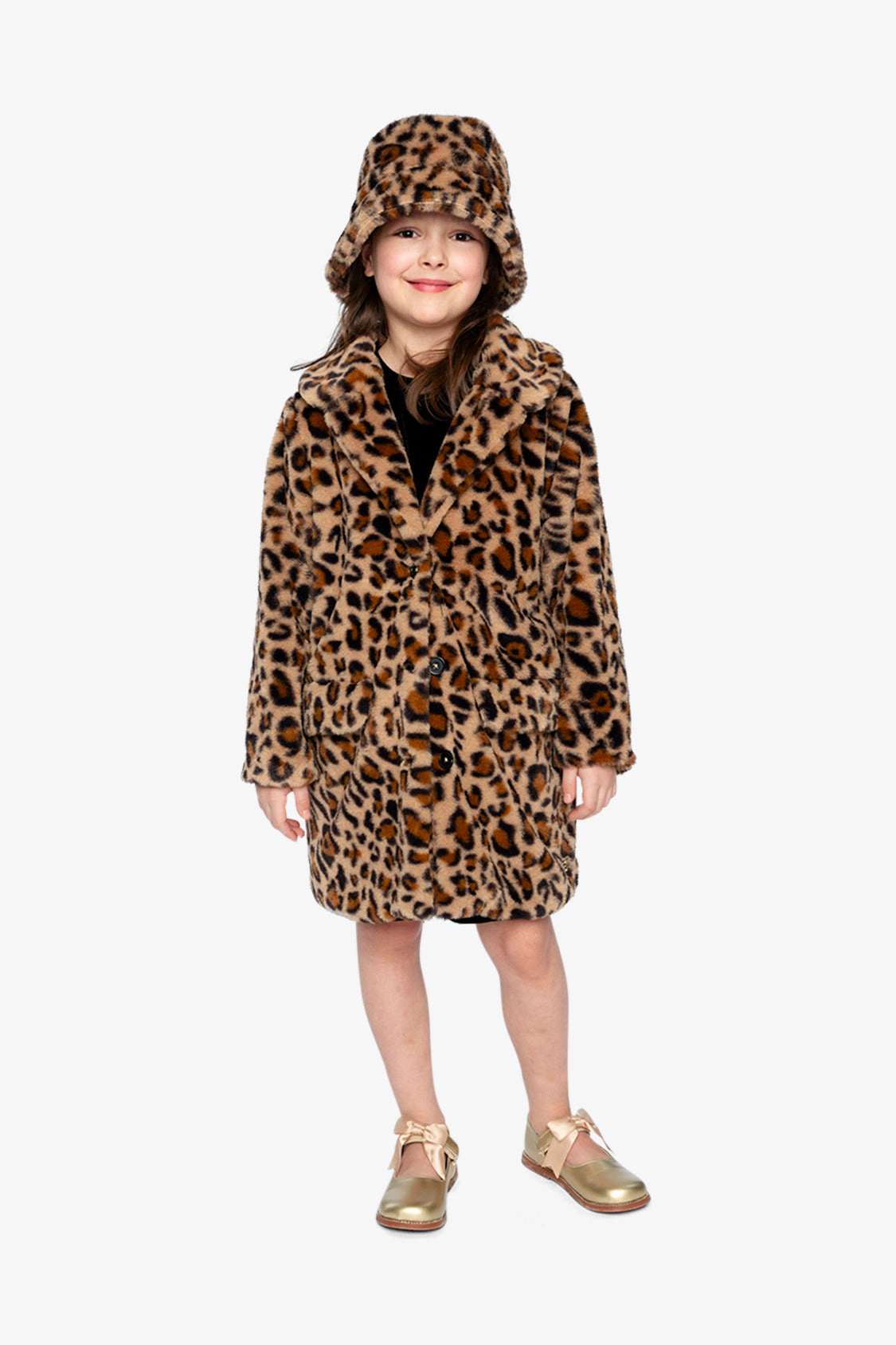 Deux par Girls Button Front Leopard Print Faux Fur Long Coat with Side Pockets