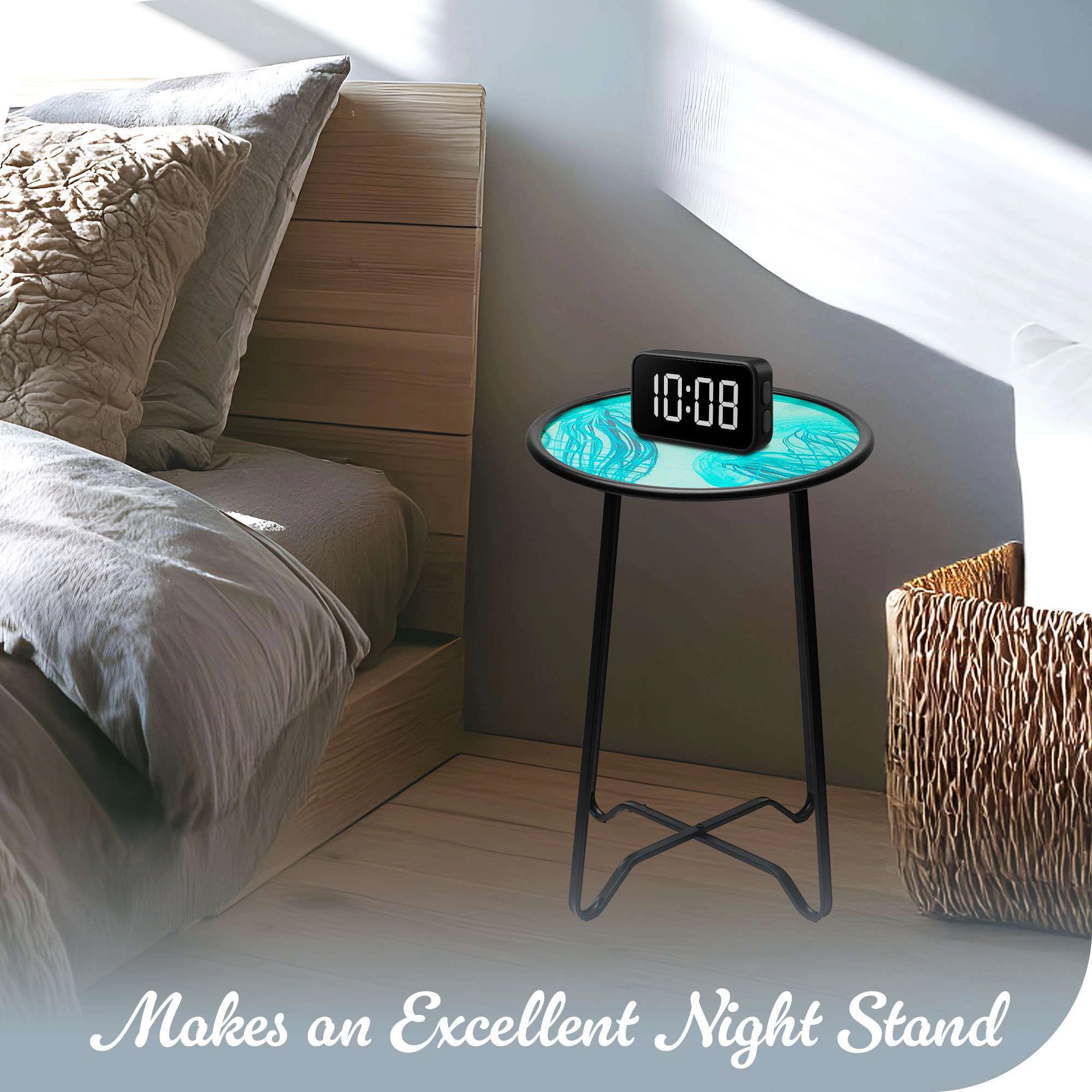 G128 14 in Round Glass Outdoor Side Table, Jellyfish Ocean Pattern - Foldable Metal Plant Stand for Patio Porch Garden