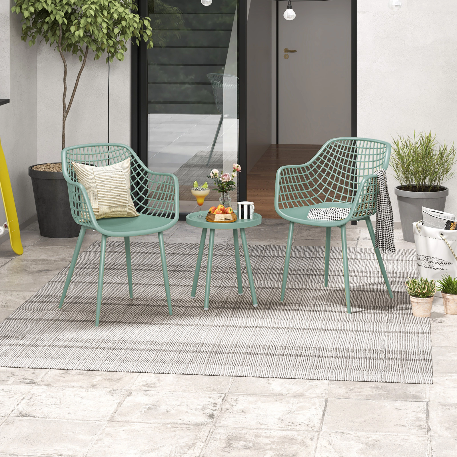 LJG 3 Piece Patio Chair Set with PP Seat and Tabletop for Porch