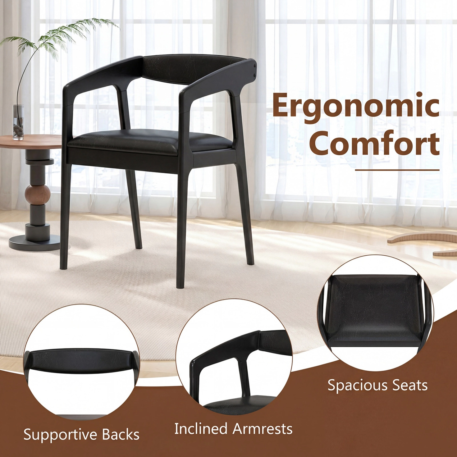 SUGIFT Ergonomic Upholstered Dining Armchairs Set of 2 with Padded Seat Cushion 265-Lb Capacity 21-in Tall Brown & Black