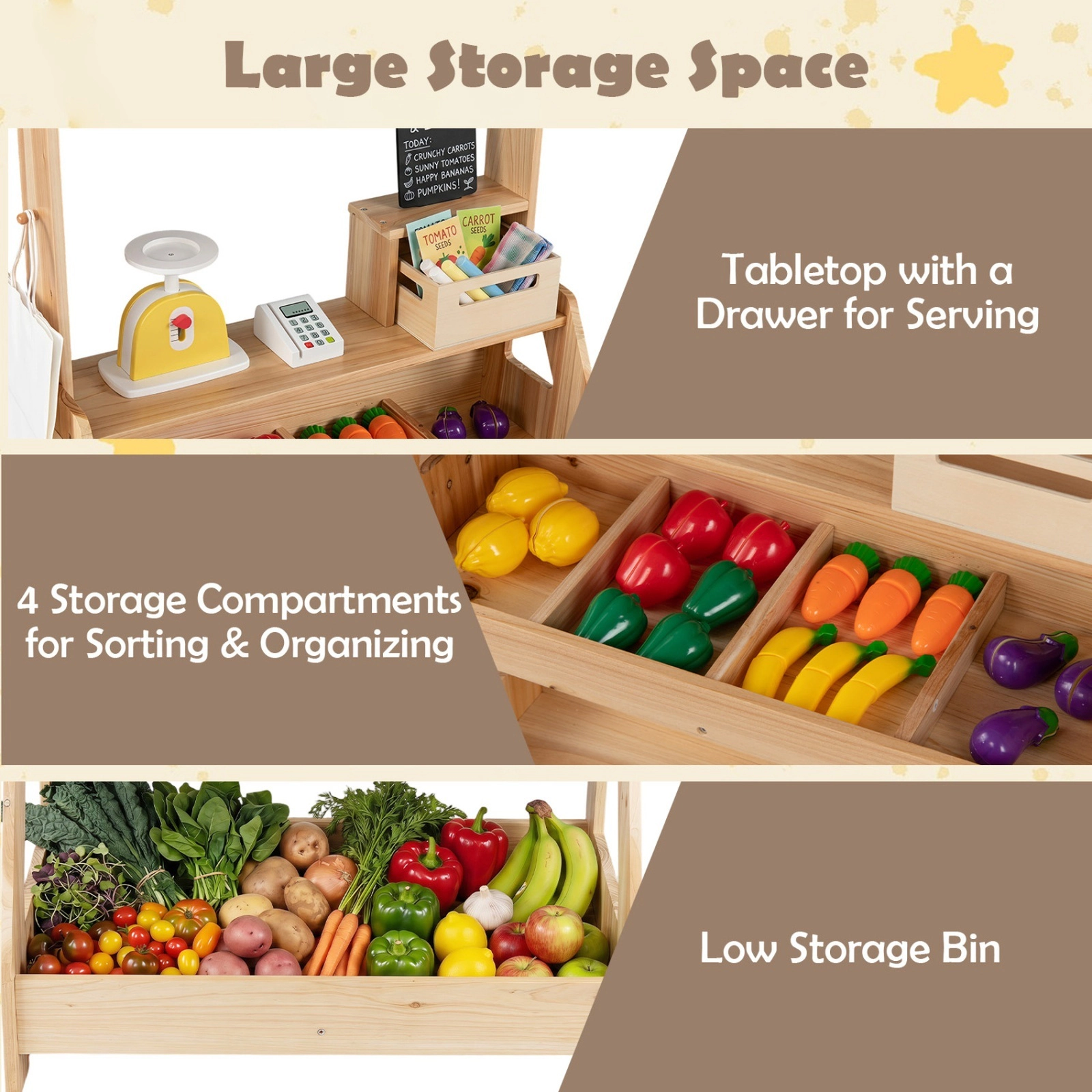 2-in-1 Outdoor Mud Kitchen and Kids Market Stand Planter Box Scale 2 Chalkboards 25-in x 15.5-in x 43-in Fir Wood