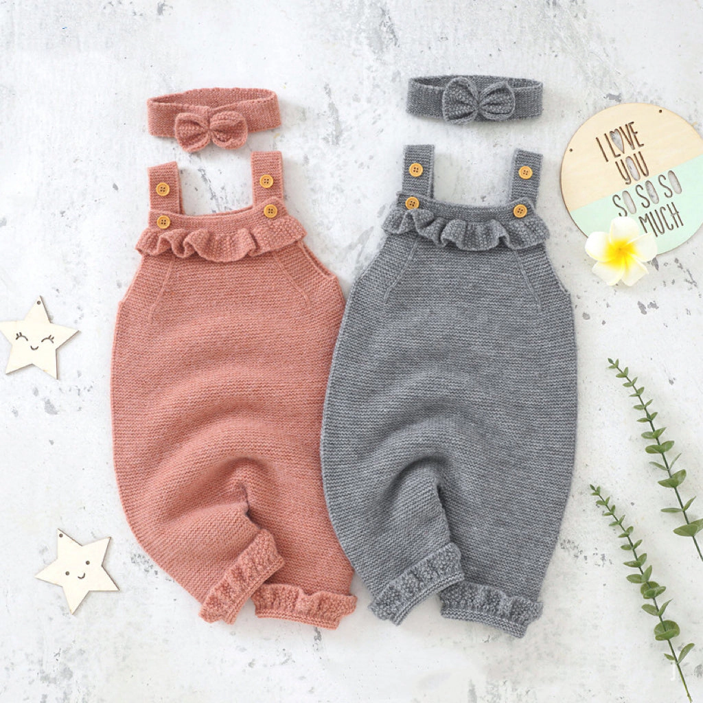 MyKids-USA Baby Girl Solid Color Ruffle Design Knit Romper With Headband