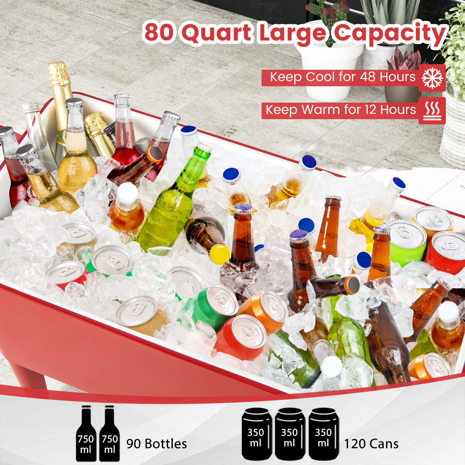 SUGIFT Insulated Rolling Outdoor Patio Cooler Cart 80-Quart 29.4-in Basin 72-Hour Cooling 35.8 x 18.3 x 33.5-in Red