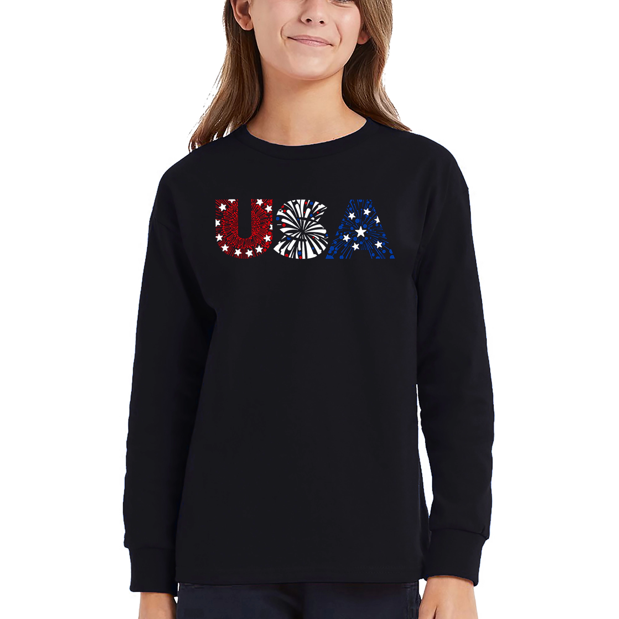 LA Pop Art Girls Long Sleeve Word T-Shirt - Usa Fireworks