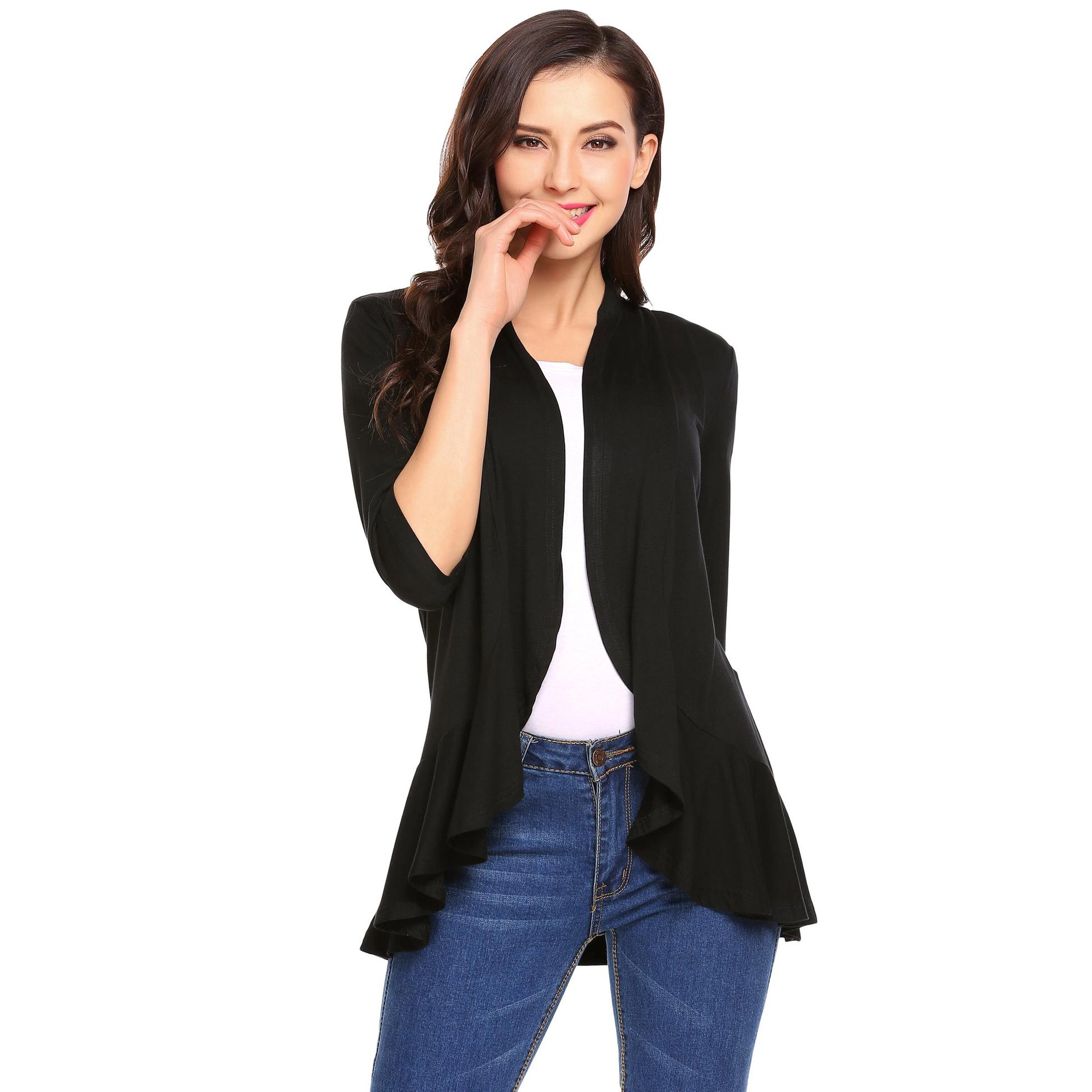 Zeagoo Women's Open Front 3/4 Sleeve Draped Ruffles Knit Cardigan