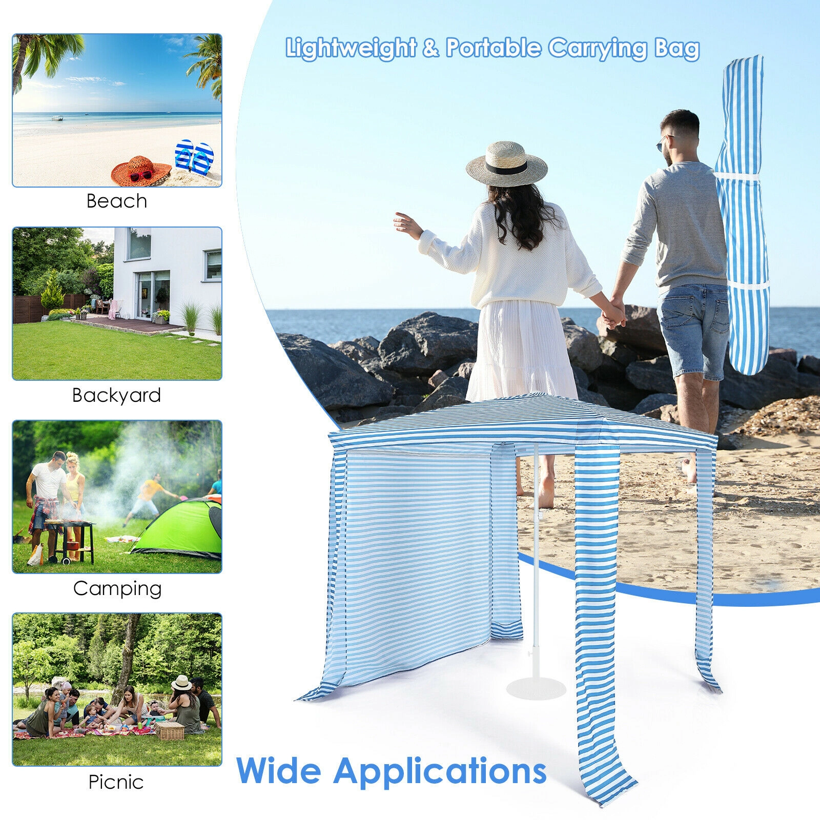 SUGIFT Blue Striped 4-Person Beach Canopy Tent with Sidewall