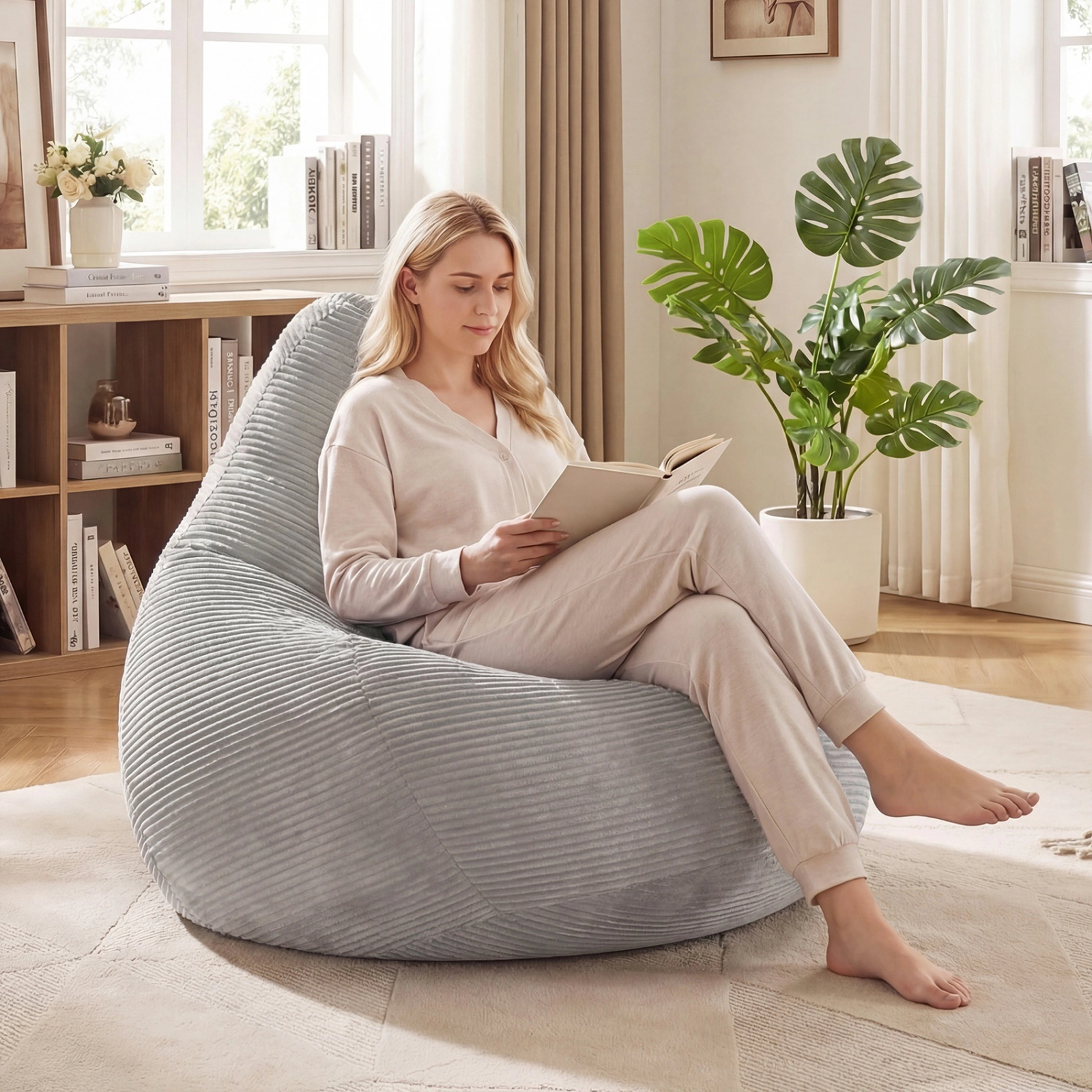 SUGIFT Gray 35-In Corduroy Bean Bag Chair with Shredded Sponge Filling