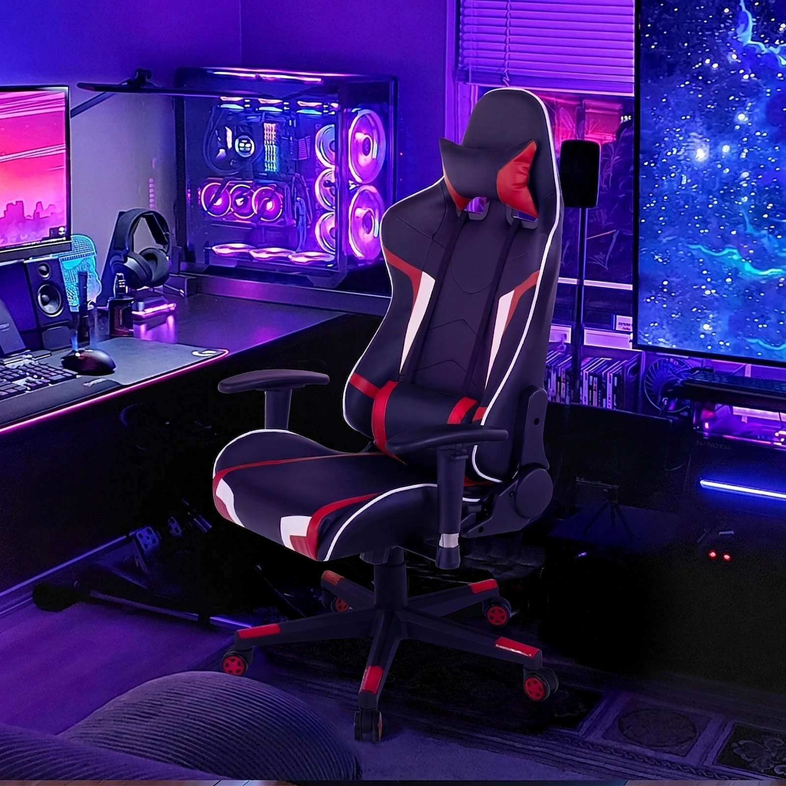 SUGIFT Reclining Swivel Massage Gaming Chair with Lumbar Support 330-lb Capacity 29 x 29 x 50-54 in Frame Red