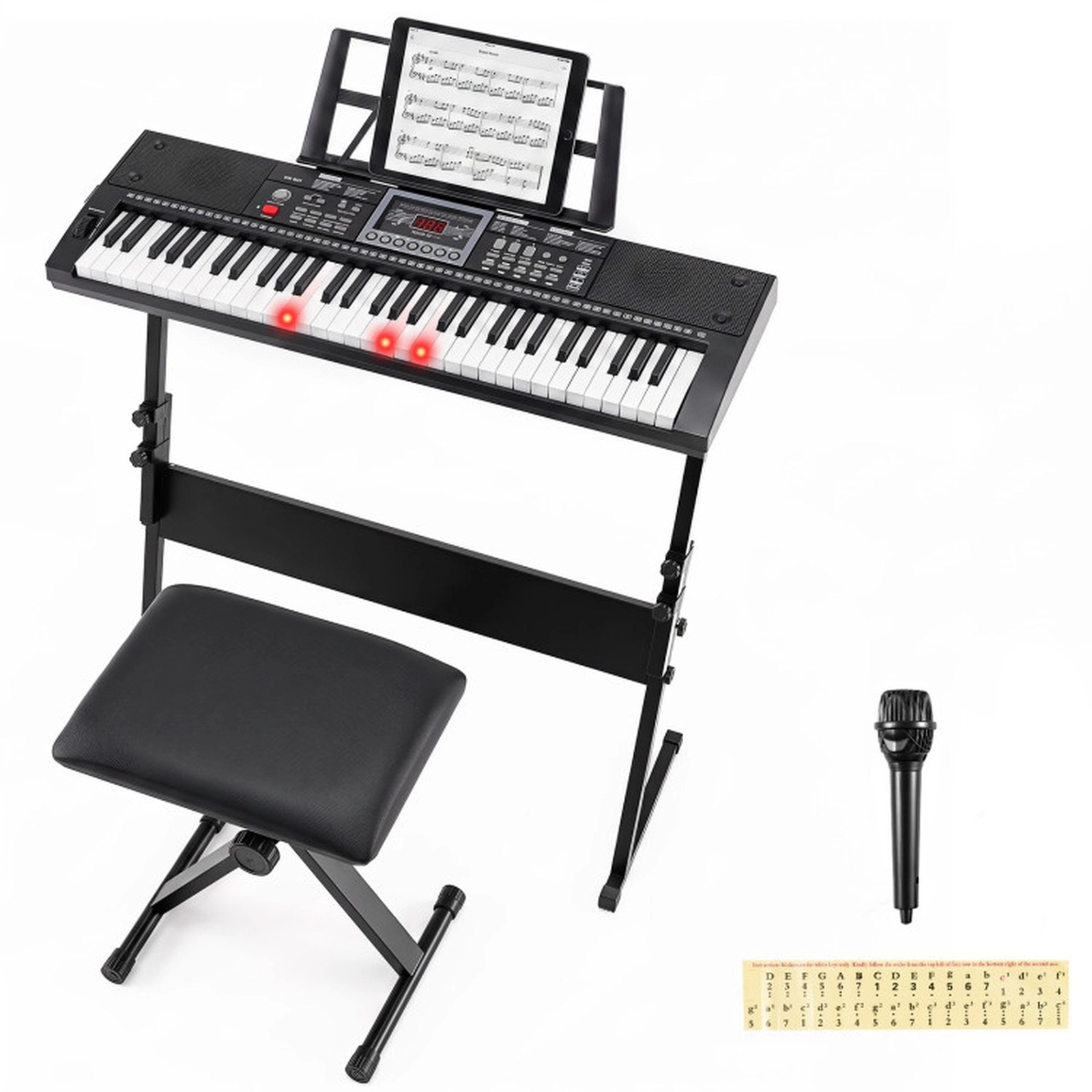 SUGIFT 61-Key Lighted Keyboard Piano with Stand and Padded Stool 31.5-in Keyboard for Beginners Black and White