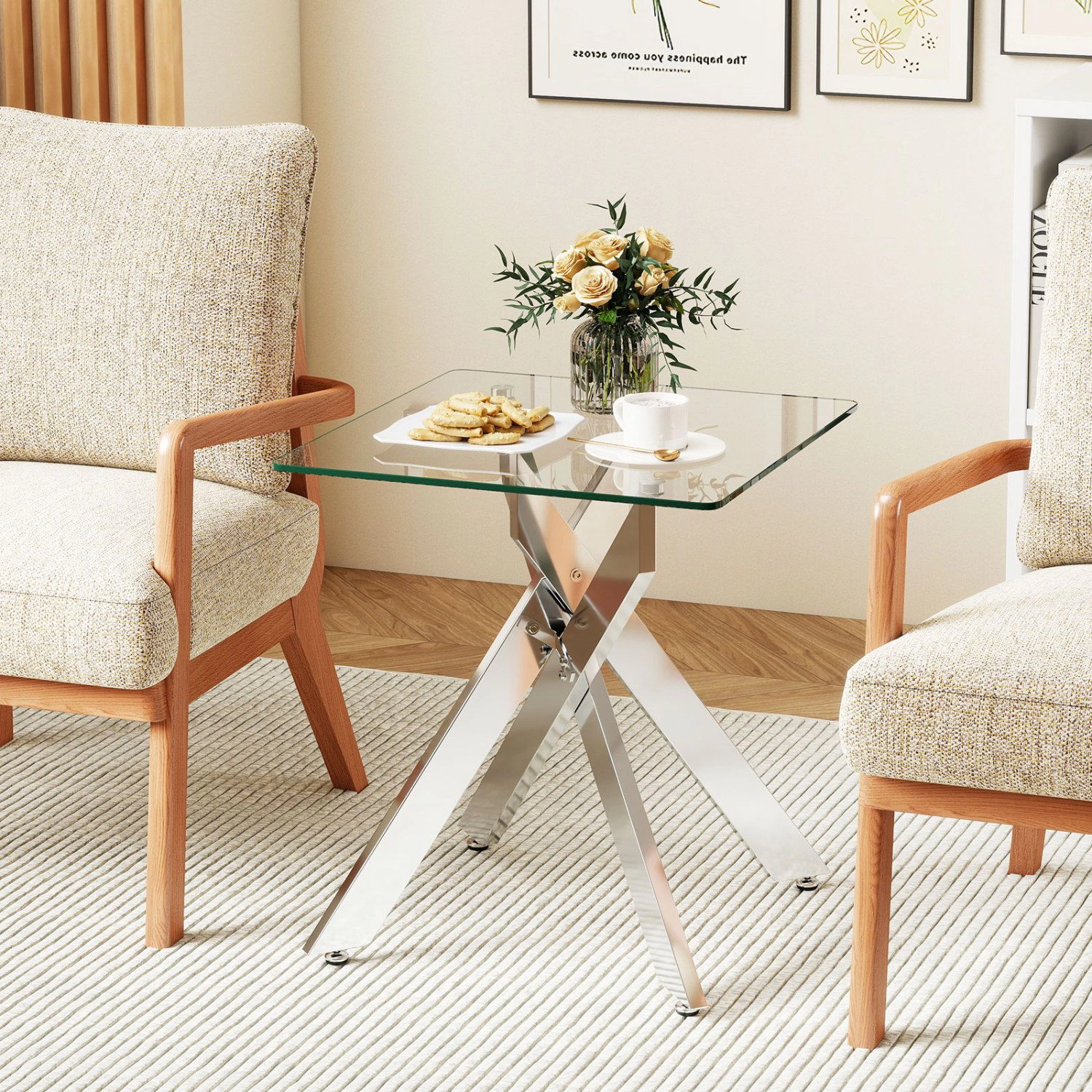 SlickBlue Modern Glass End Table with Metal Frame for Living Room