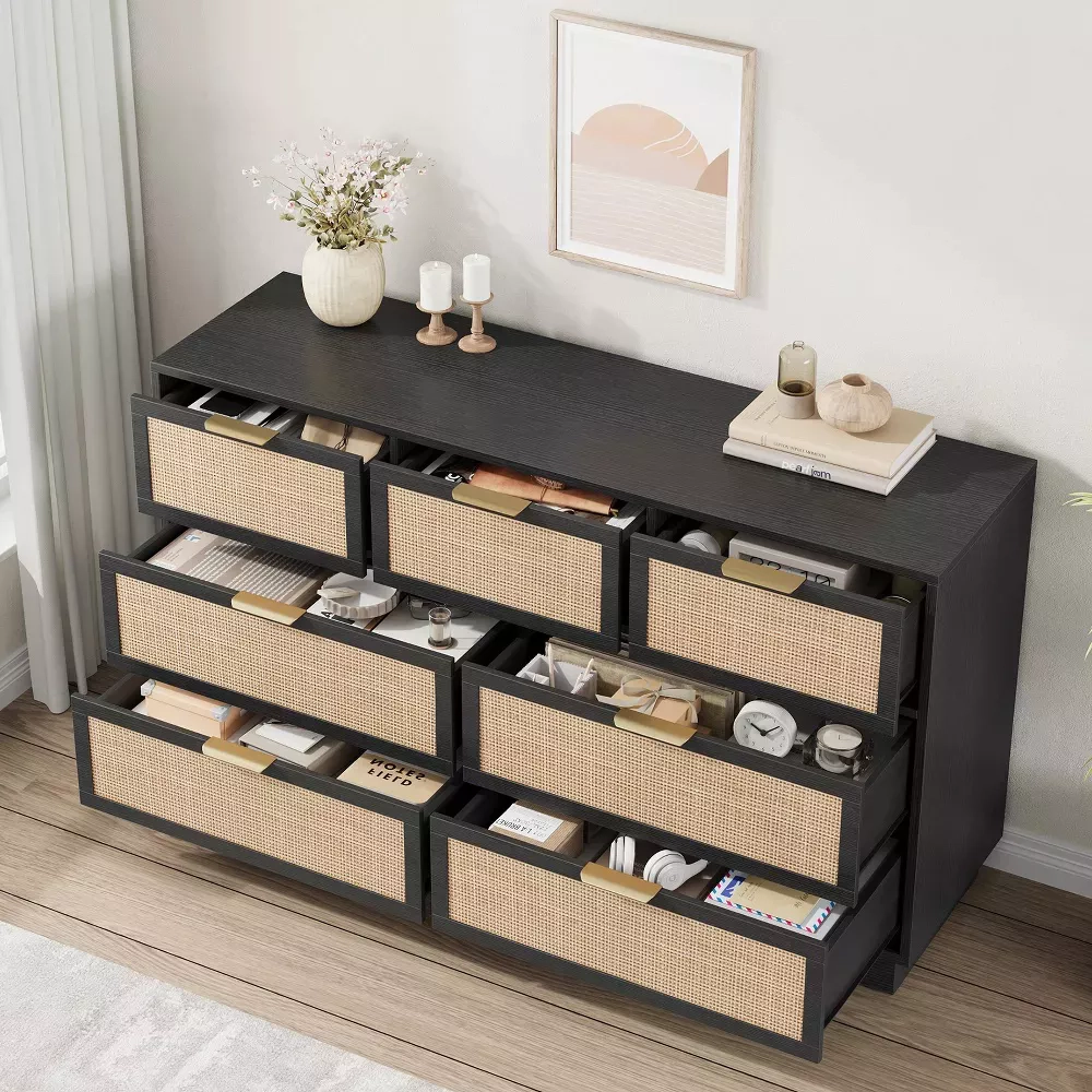 Rattan 7 Drawer Dresser with Metal Handles, 55" Wide Storage Chest for Bedroom Home Office