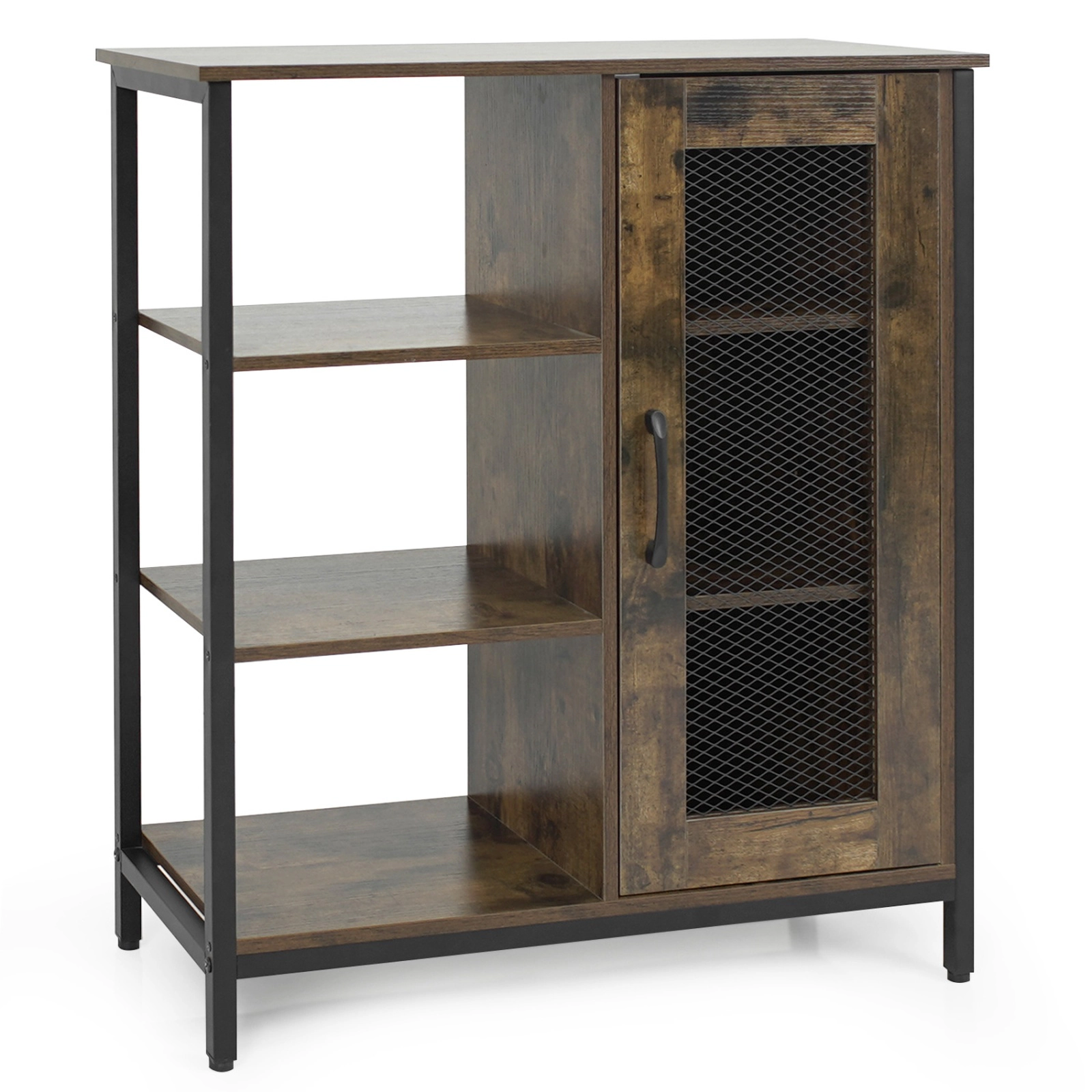 SUGIFT Industrial Side Cabinet Rustic Brown with Metal Mesh Doors and 3 Open Shelves