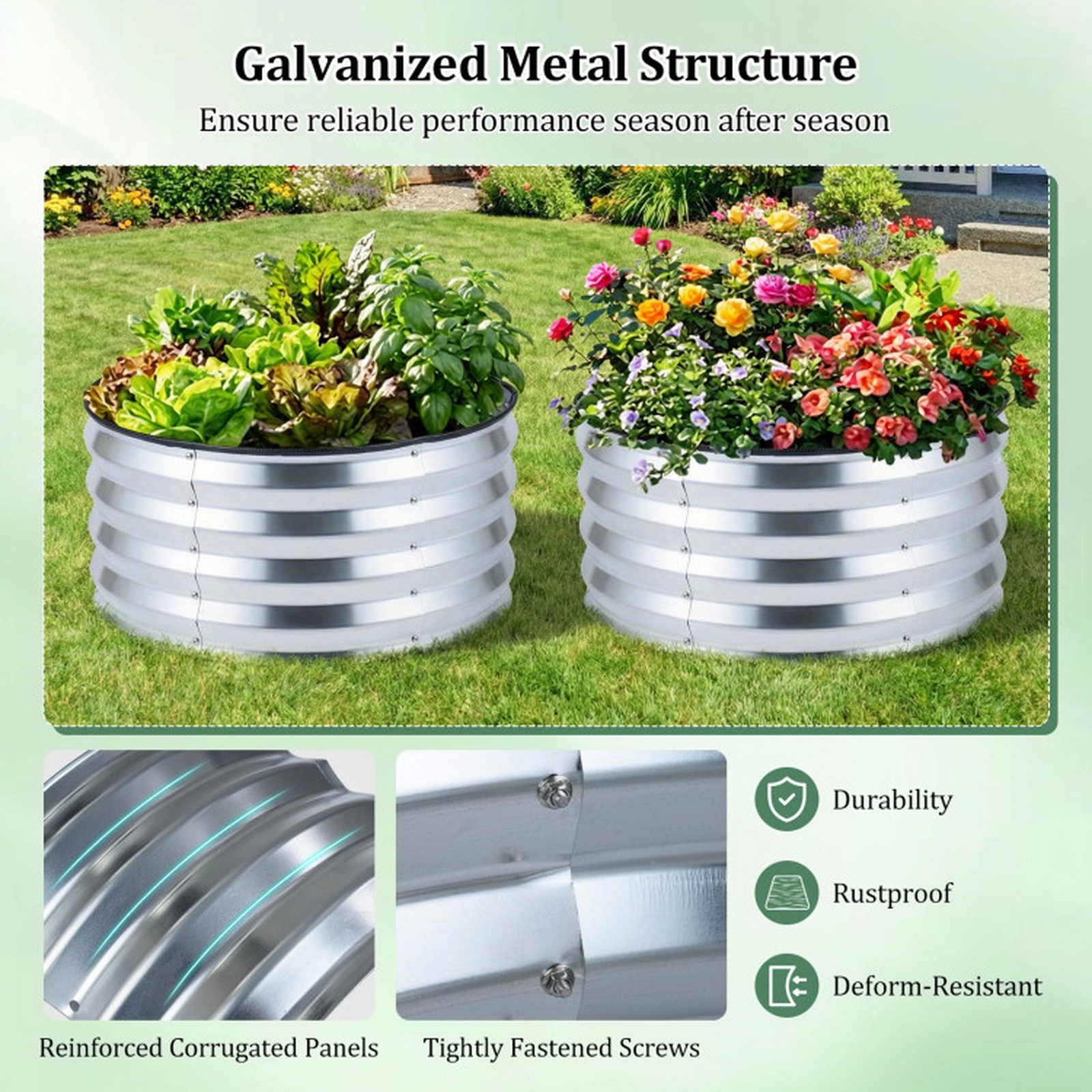 SUGIFT Corrugated Galvanized Round Raised Garden Bed Kit 24-in Wide Open-Ended Base Sliver 2-Pack
