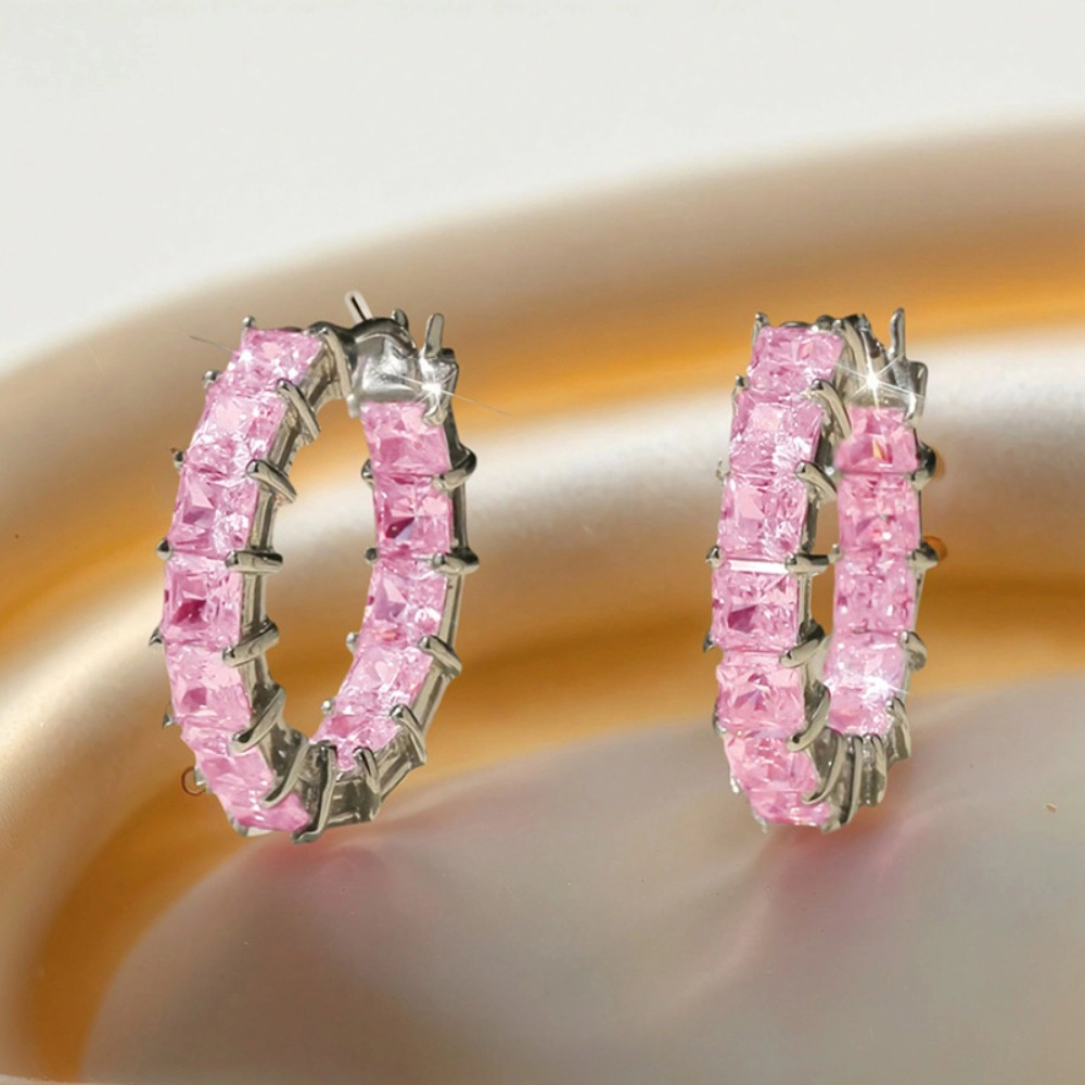 Luxury Trendy Princess Cut Square Cubic Zirconia Hoop Earrings for Women