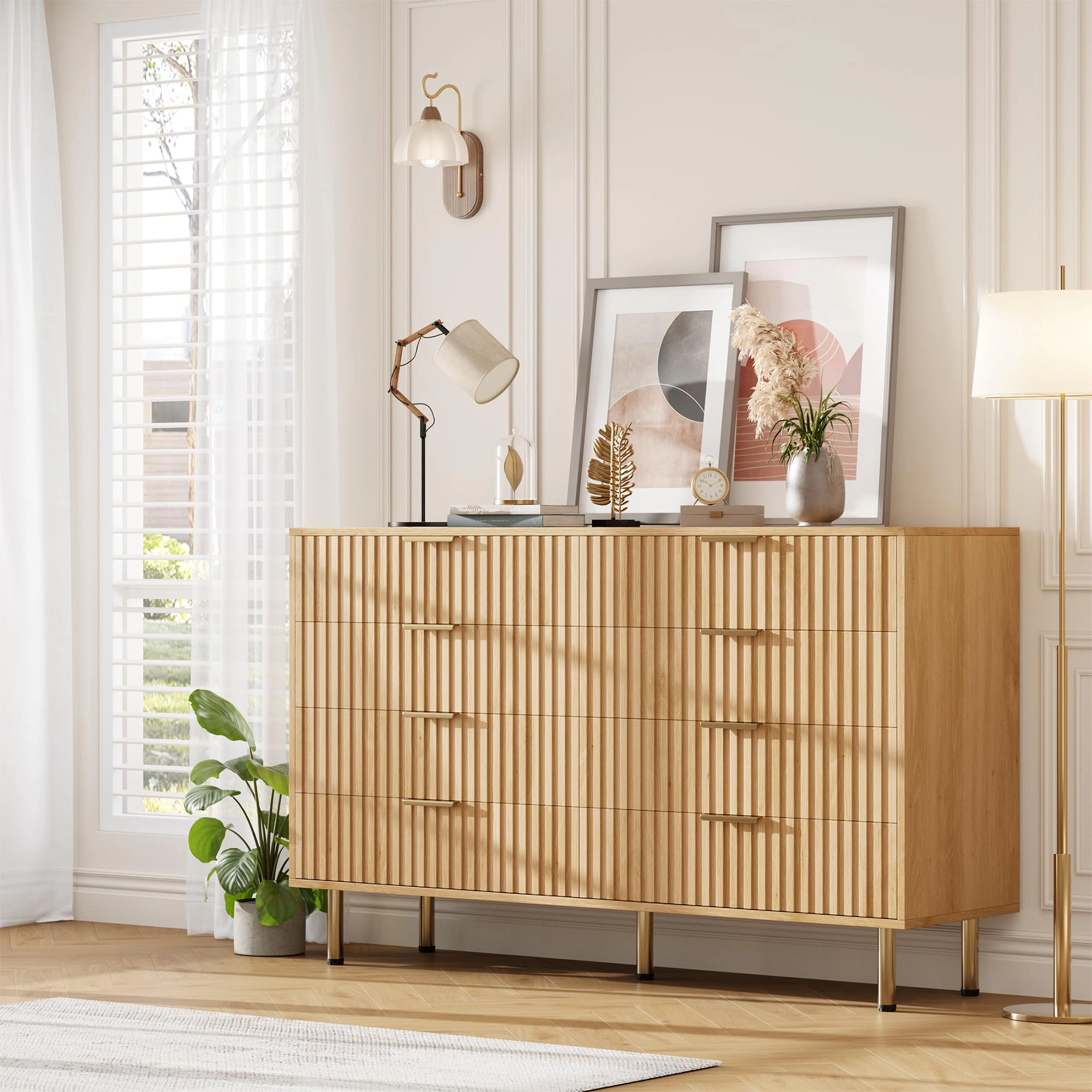 Fluted 8 Drawer Modern Dresser, 55" Wide Wooden Storage Organizer for Bedroom Living Room Hallway