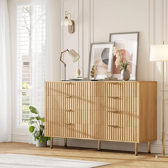 Fluted 8 Drawer Modern Dresser, 55" Wide Wooden Storage Organizer for Bedroom Living Room Hallway