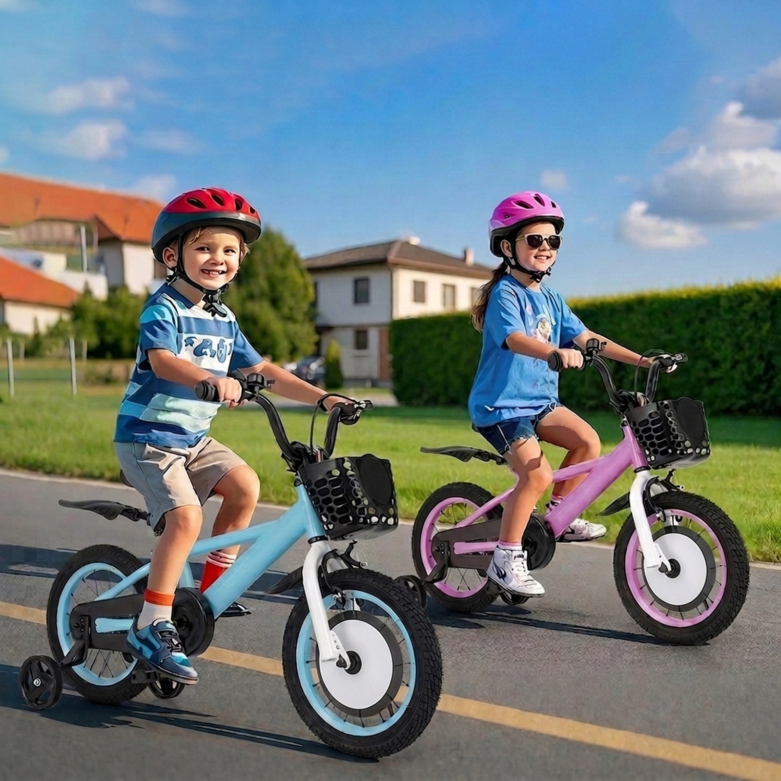 SUGIFT 14-Inch Purple Kids Bike with Basket, Fenders and Removable Training Wheels