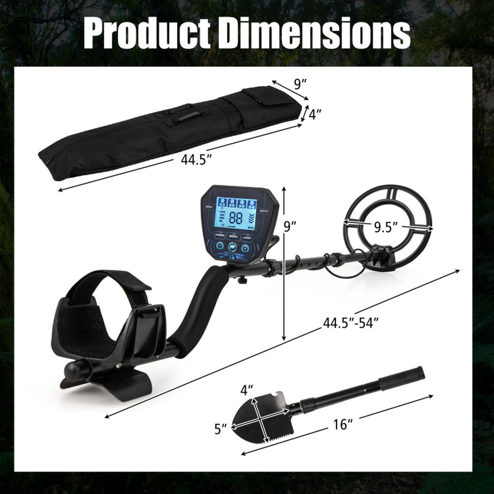 SUGIFT 4-Mode 10-in Depth Adjustable Metal Detector with Waterproof Search Coil Backlit LCD and Shovel