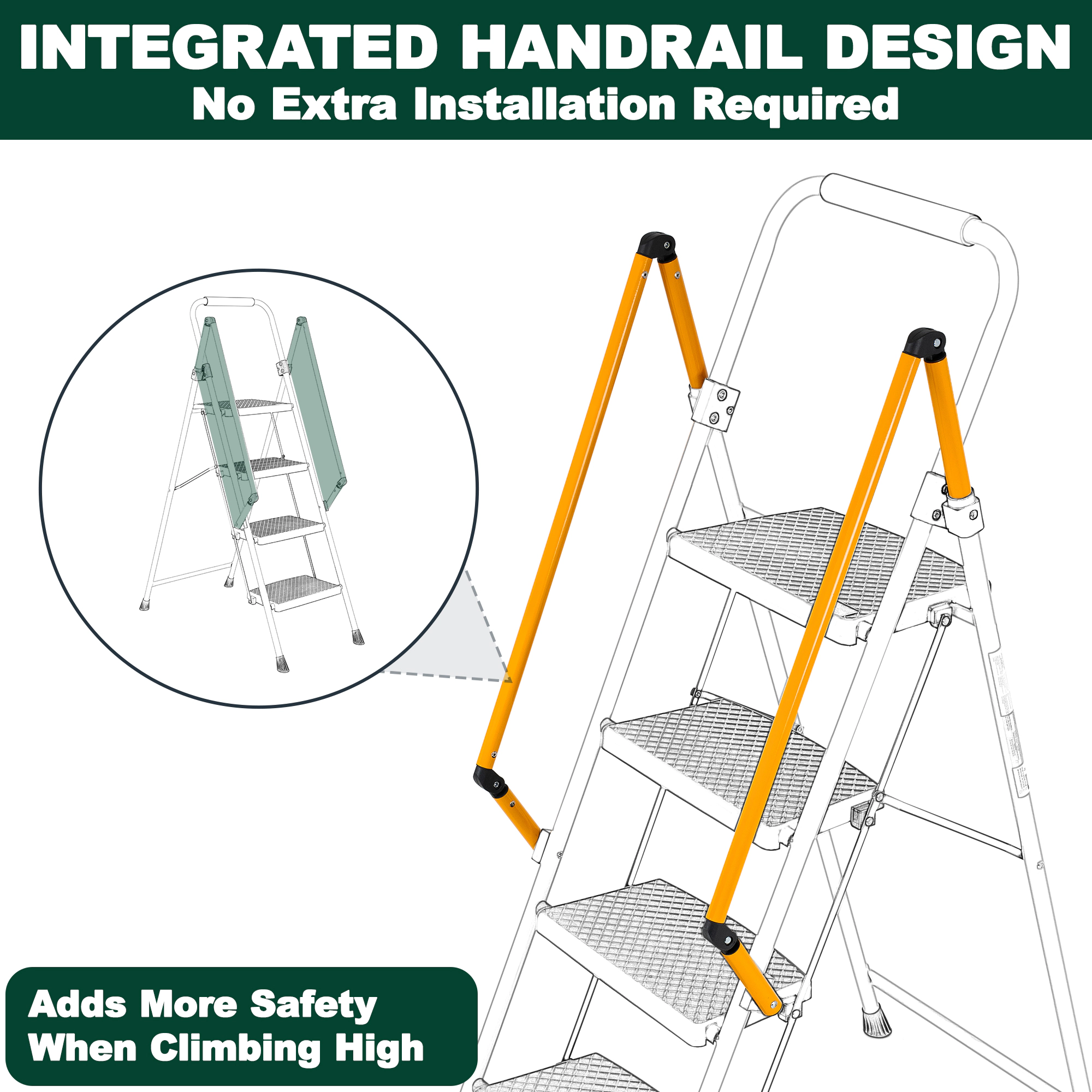Flynama 4 Step Ladder - 500lb Capacity Steel Foldable Step Stool (Yellow)