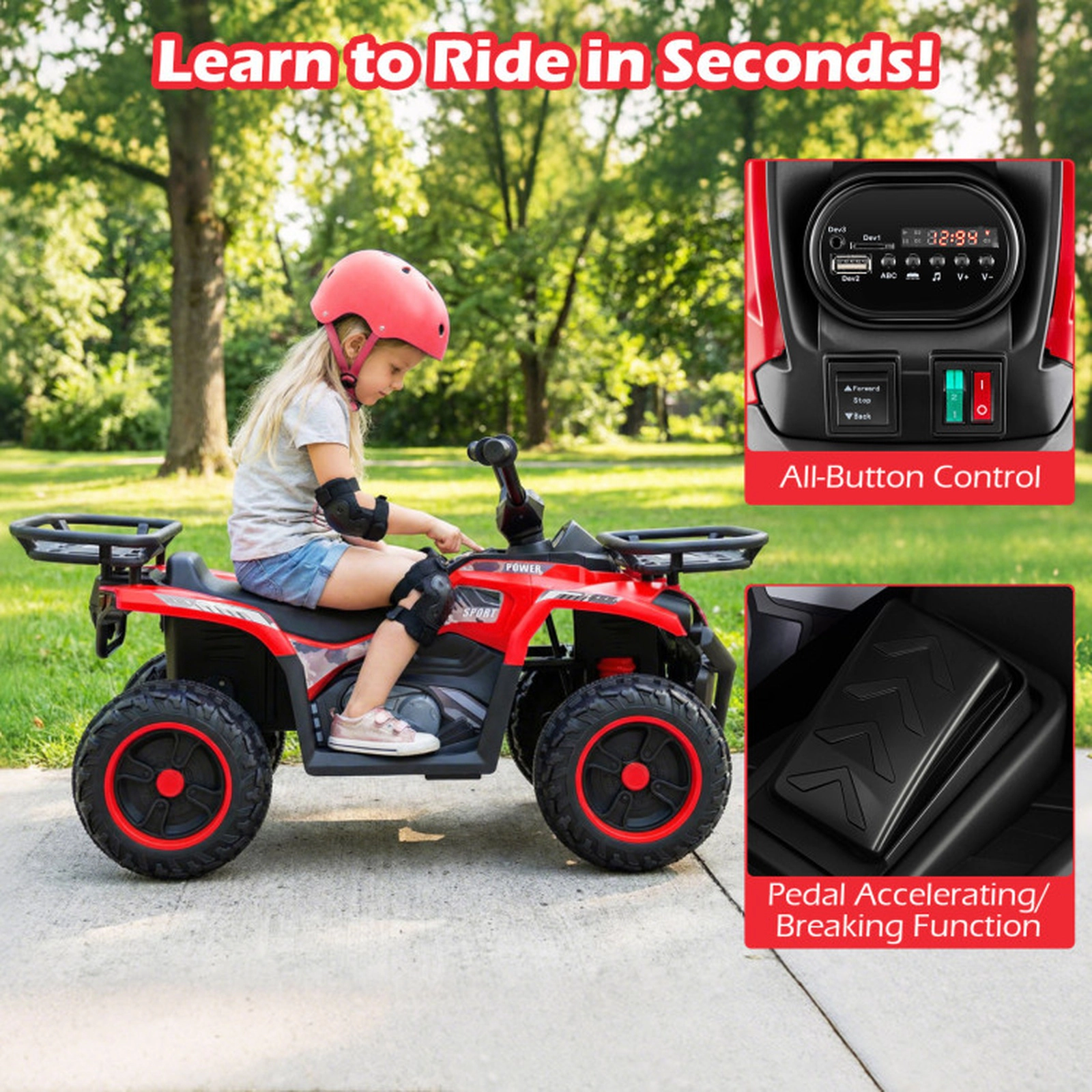 SUGIFT 24V 66-lb Capacity Red Kids Ride On ATV Quad with Dual 35W Motors 2-Speed Shifter and LED Headlights