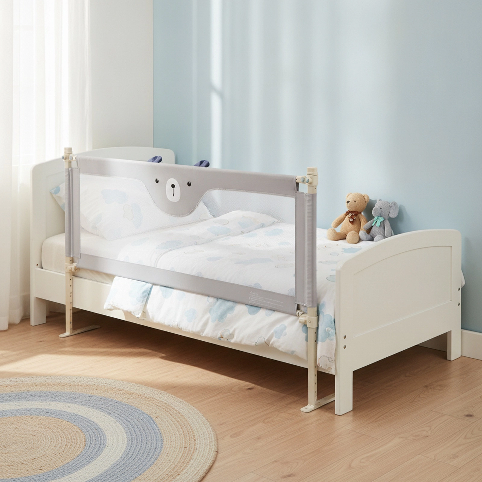 Vertical Lifting Baby Bed Rail Guard with Double Lock 28.5-in to 40-in Adjustable Height Breathable Mesh Steel Gray