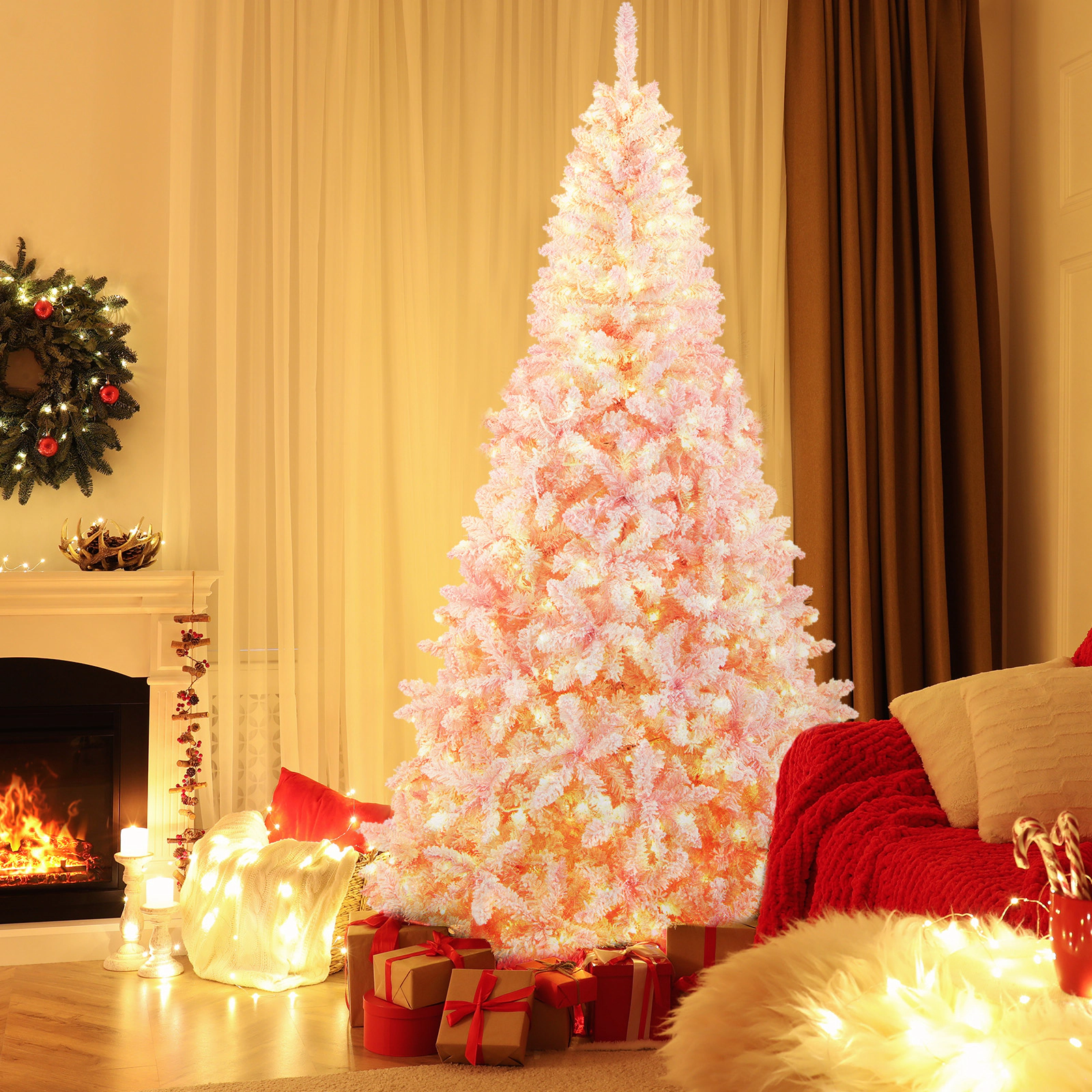 SUGIFT 7.5 ft Pink Flocked Christmas Tree Pre-Lit Artificial Tree with 450 LED Lights