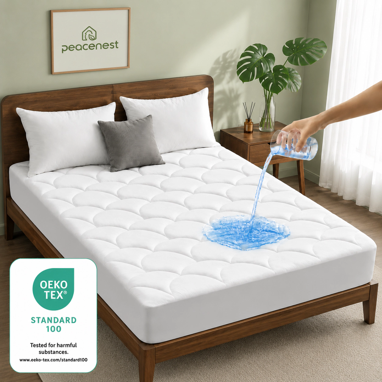 PEACE NEST Cooling Waterproof Mattress Pad with Deep Pocket Fitted Skirt Cloud Quilt